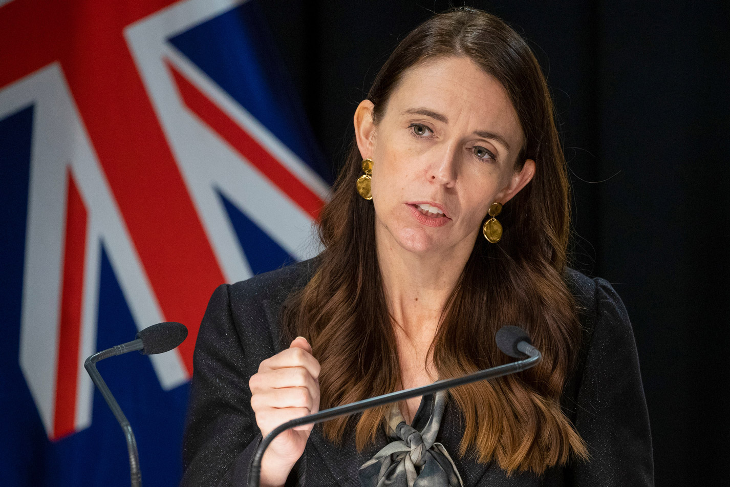 New Zealand Prime Minister Jacinda Ardern gestures during the post-Cabinet press conference in Wellington on Monday.