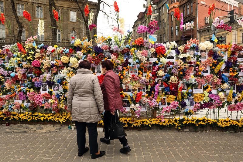 A memorial to those who have lost their lives in the Russian war on Ukraine in downtown Lviv on April 30.