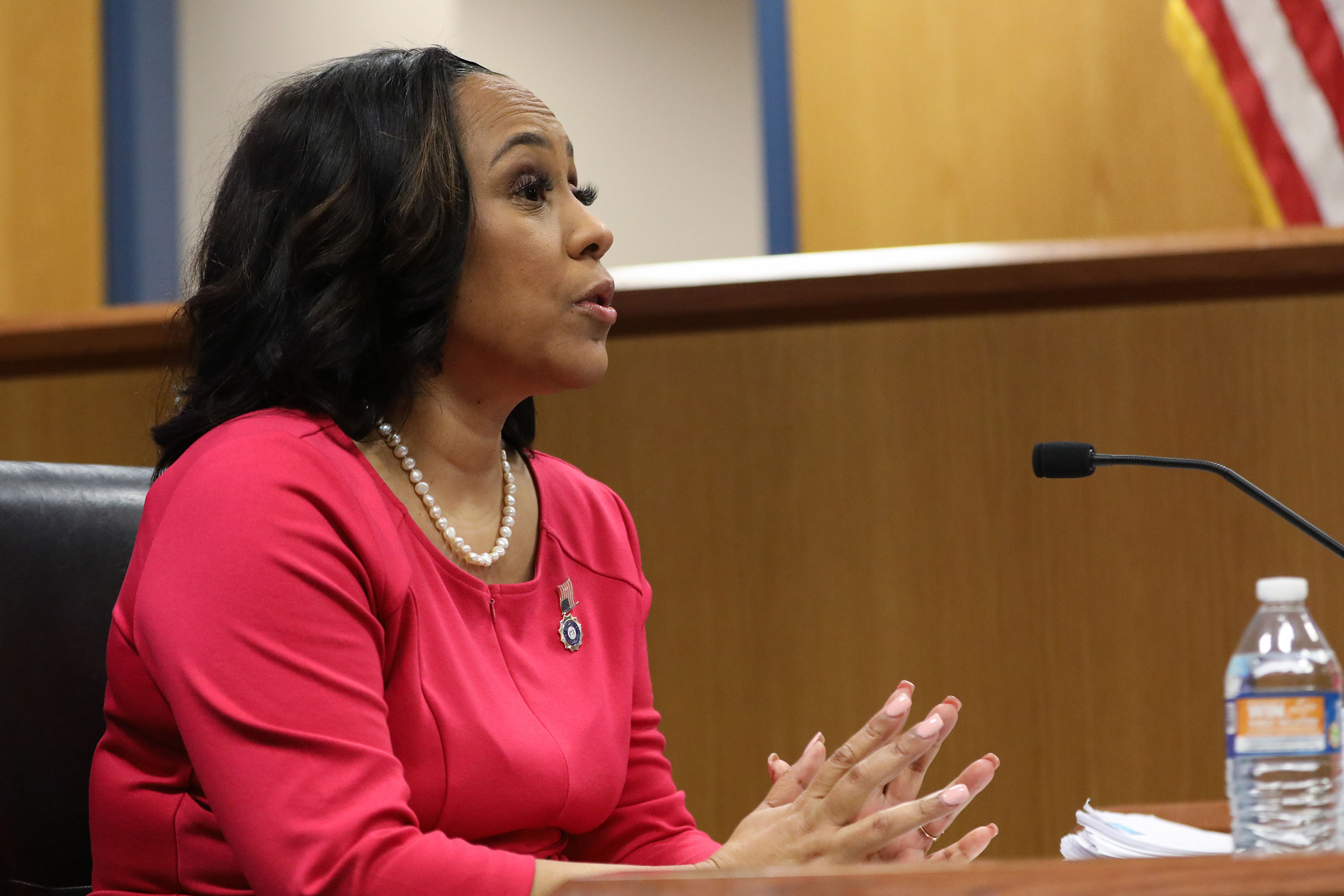 Fulton County District Attorney Fani Willis testifies during a hearing in the case of the State of Georgia v. Donald John Trump at the Fulton County Courthouse on February 15, 2024 in Atlanta, Georgia.