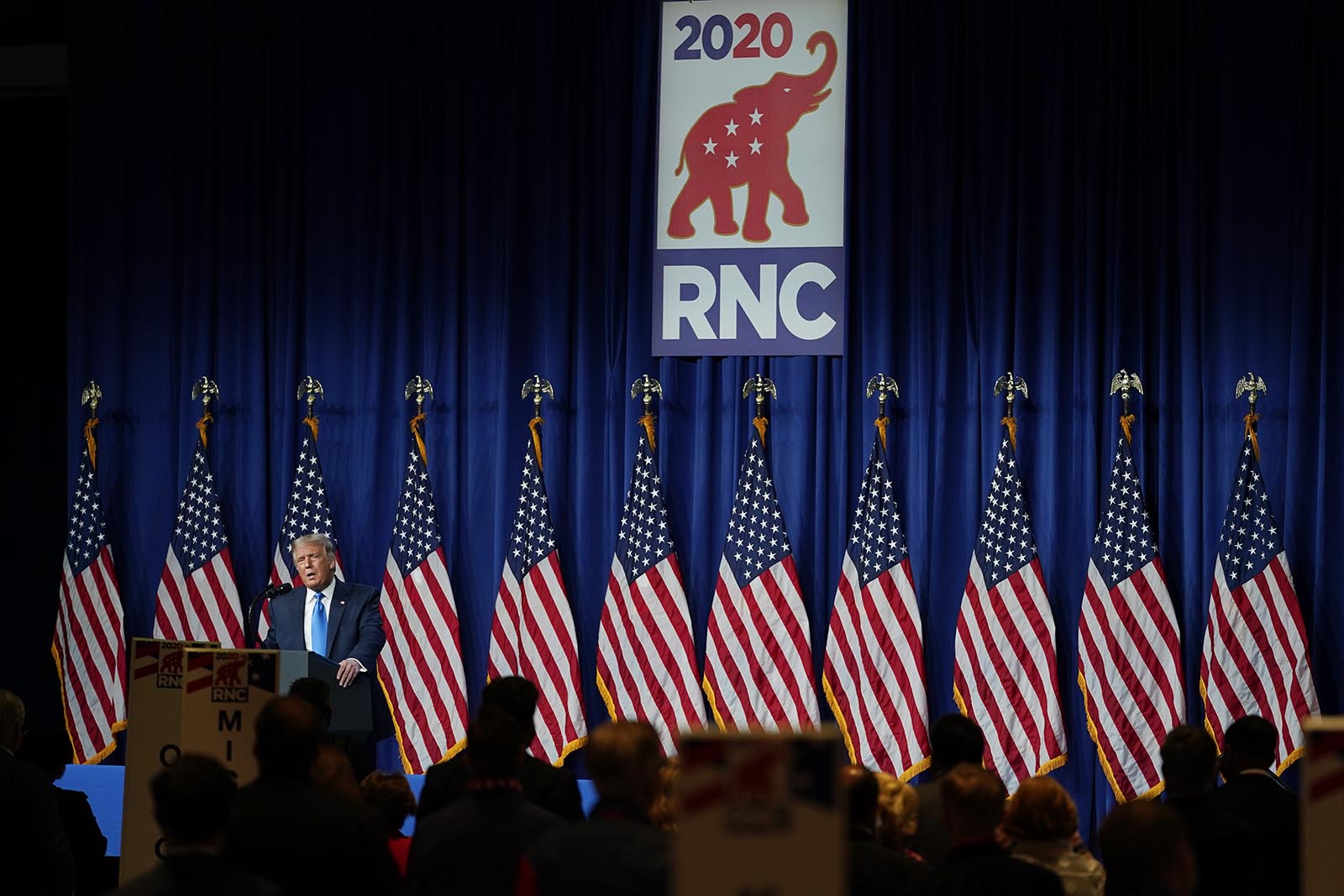 President Donald Trump speaks during the first day of the Republican National Convention on Monday, August 24, in Charlotte.