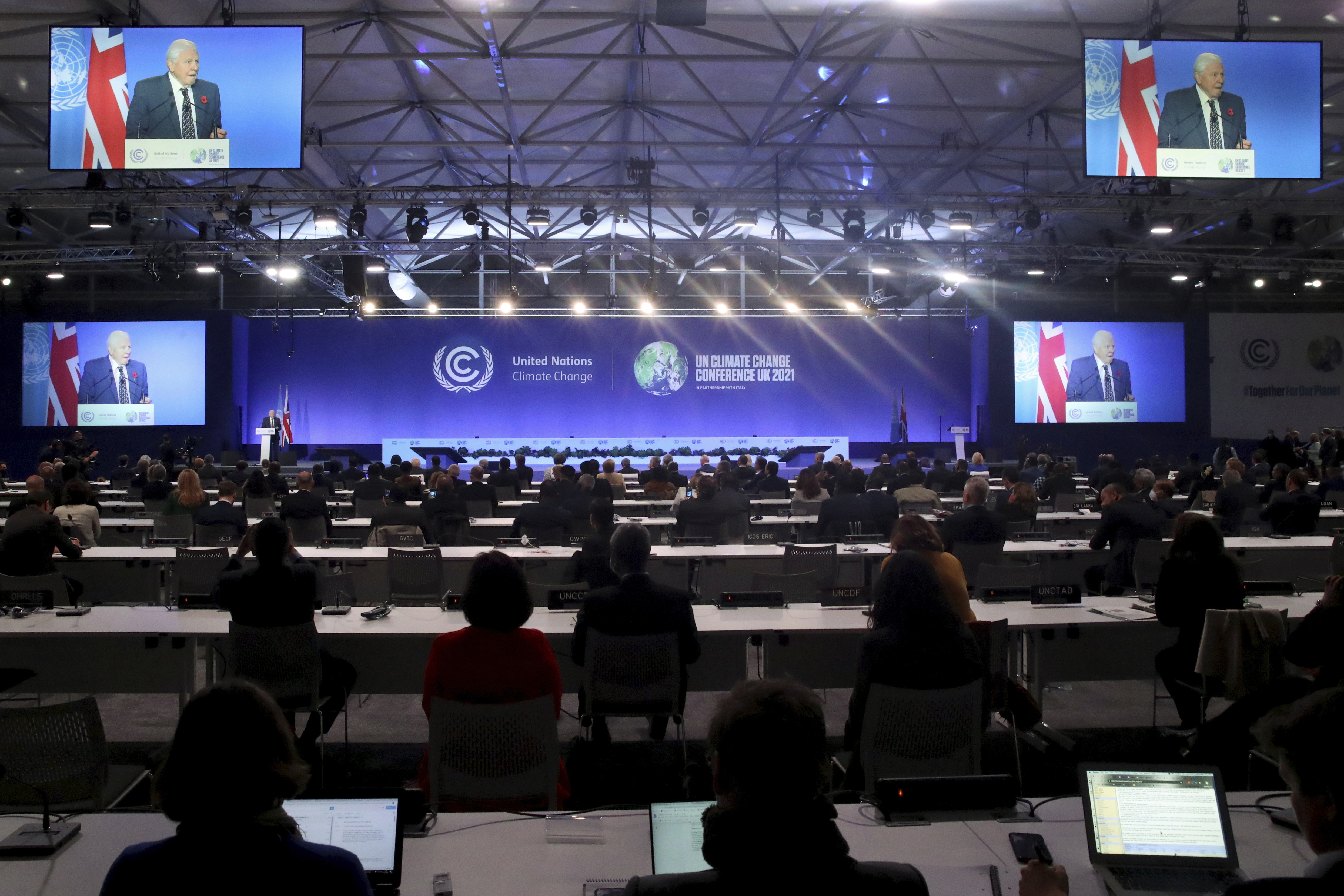 Scene inside the UN Climate Change Conference in Glasgow, Scotland, Monday.