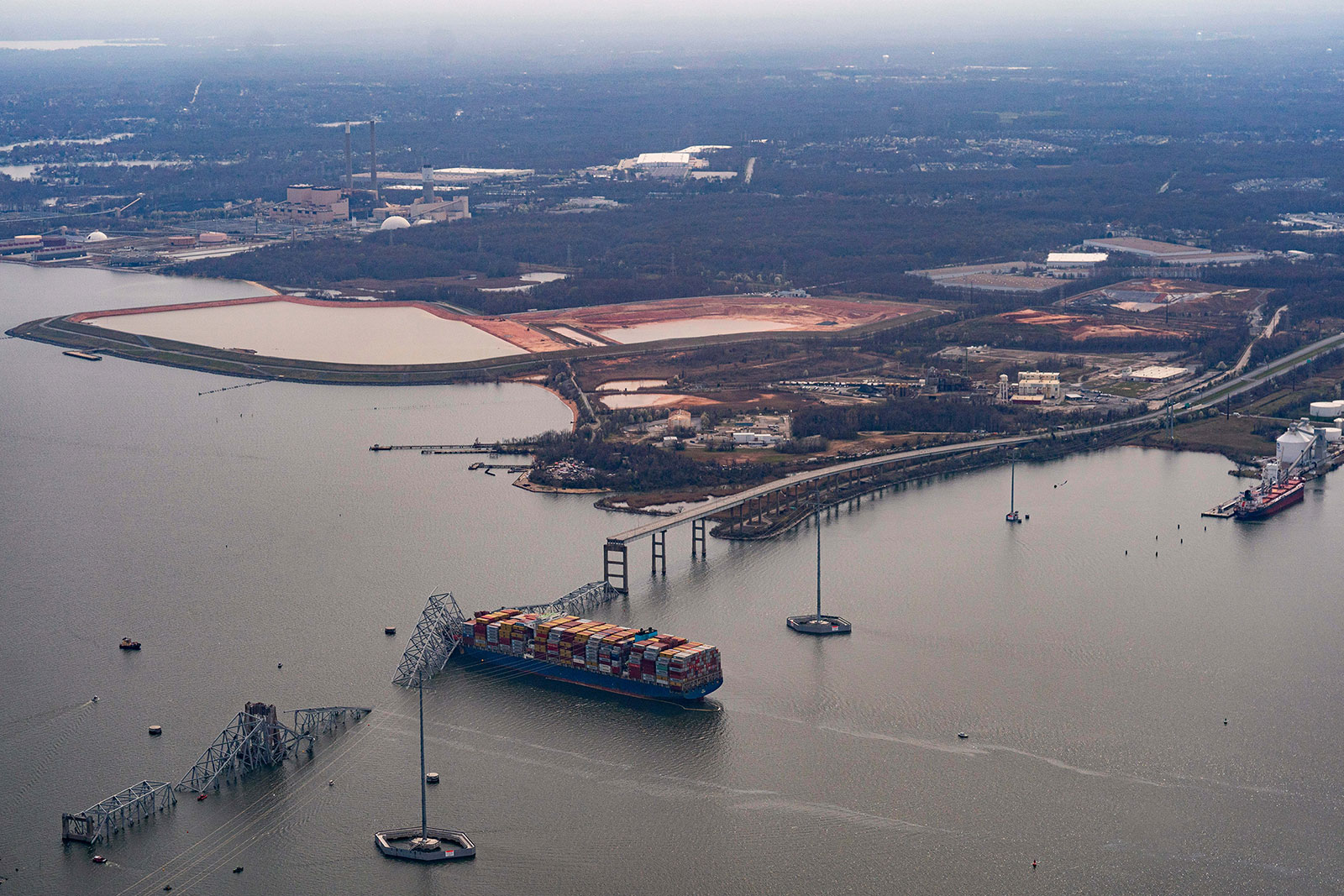 The Dali container vessel after striking the Francis Scott Key Bridge that collapsed into the Patapsco River in Baltimore, Maryland, on Tuesday, March 26.