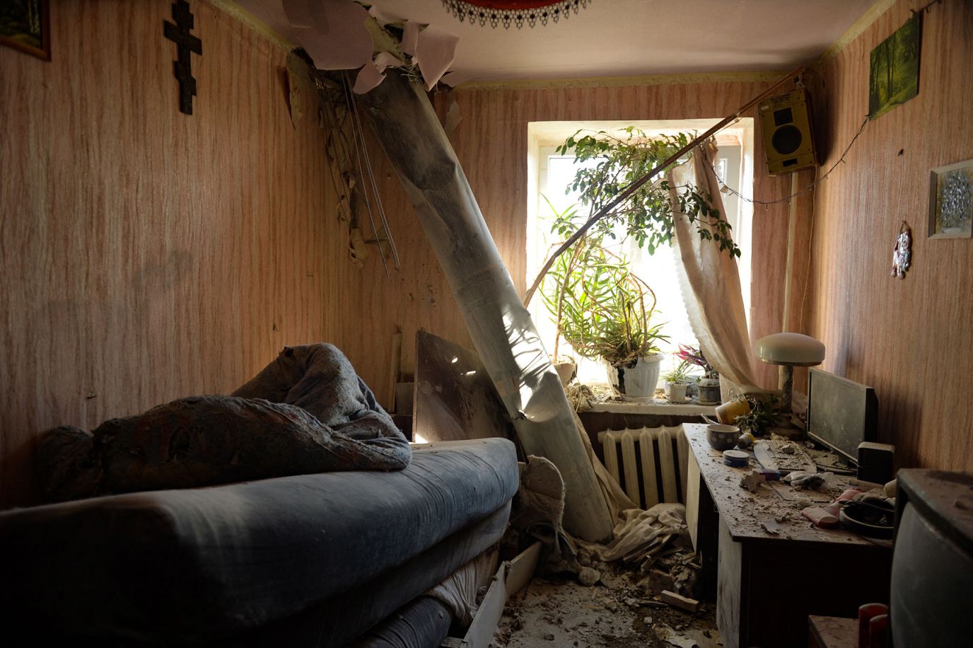 The remains of a rocket in an apartment after shelling on the northern outskirts of Kharkiv on February 24. 