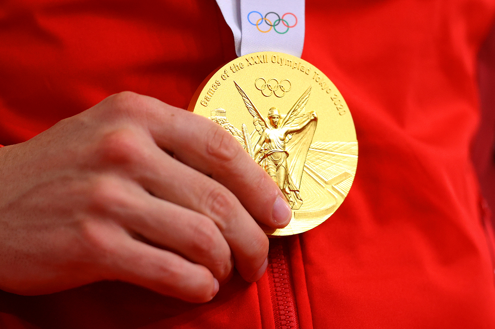 A gold medal during a medal ceremony on August 7. 