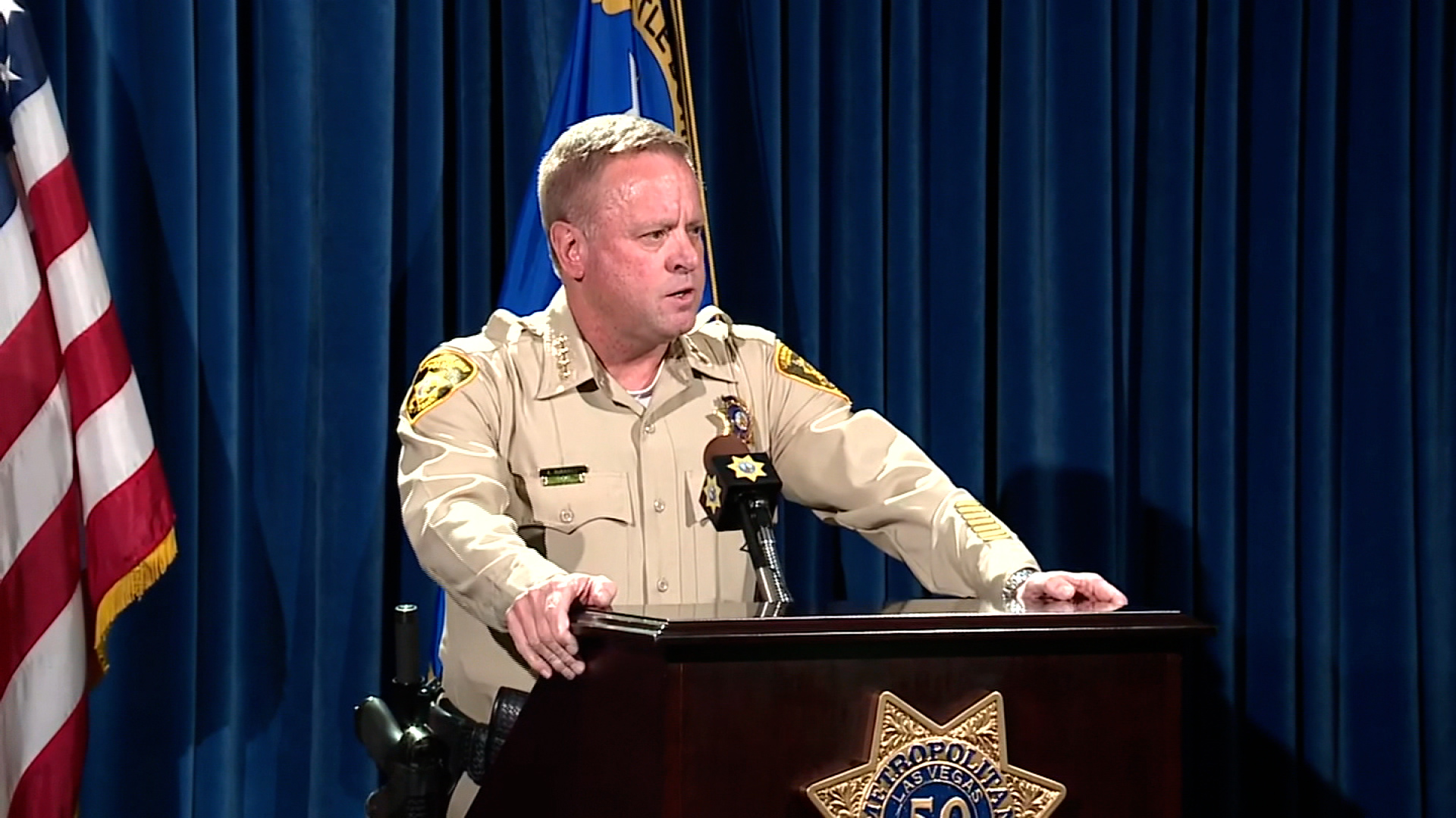 Sheriff Kevin McMahill, with the Las Vegas Metropolitan Police Department, speaks during a press conference on Friday in Las Vegas.