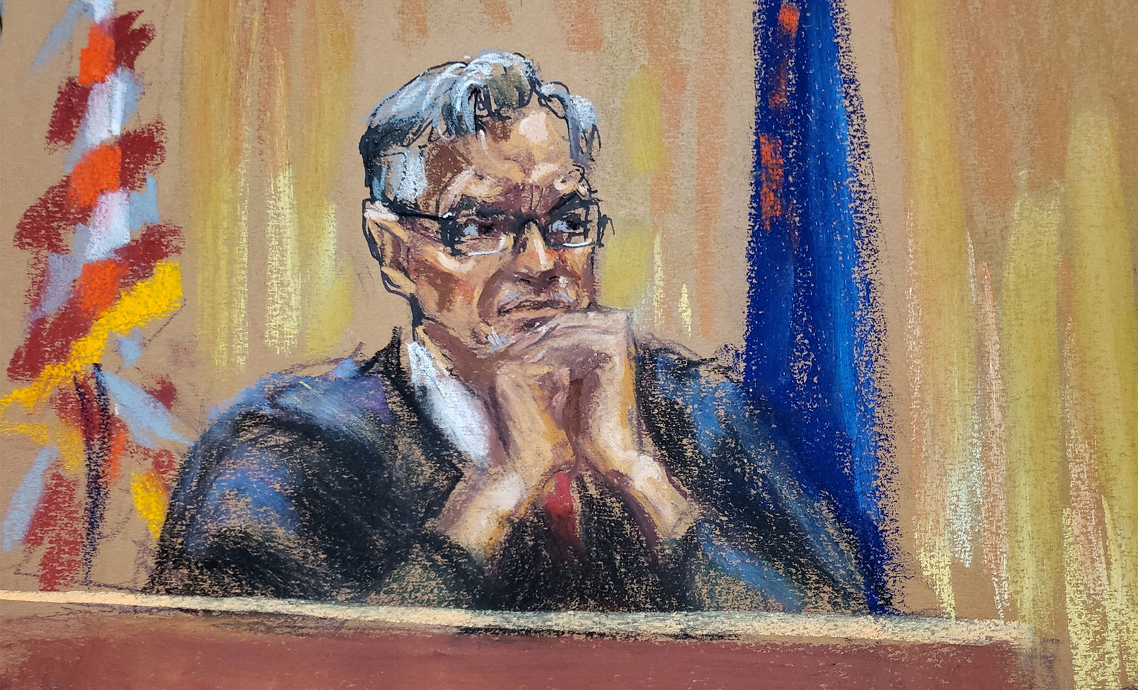 In this courtroom sketch, Judge Juan Merchan presides during the Trump Organization's criminal tax trial in Manhattan Criminal Court on November 15, 2022. 