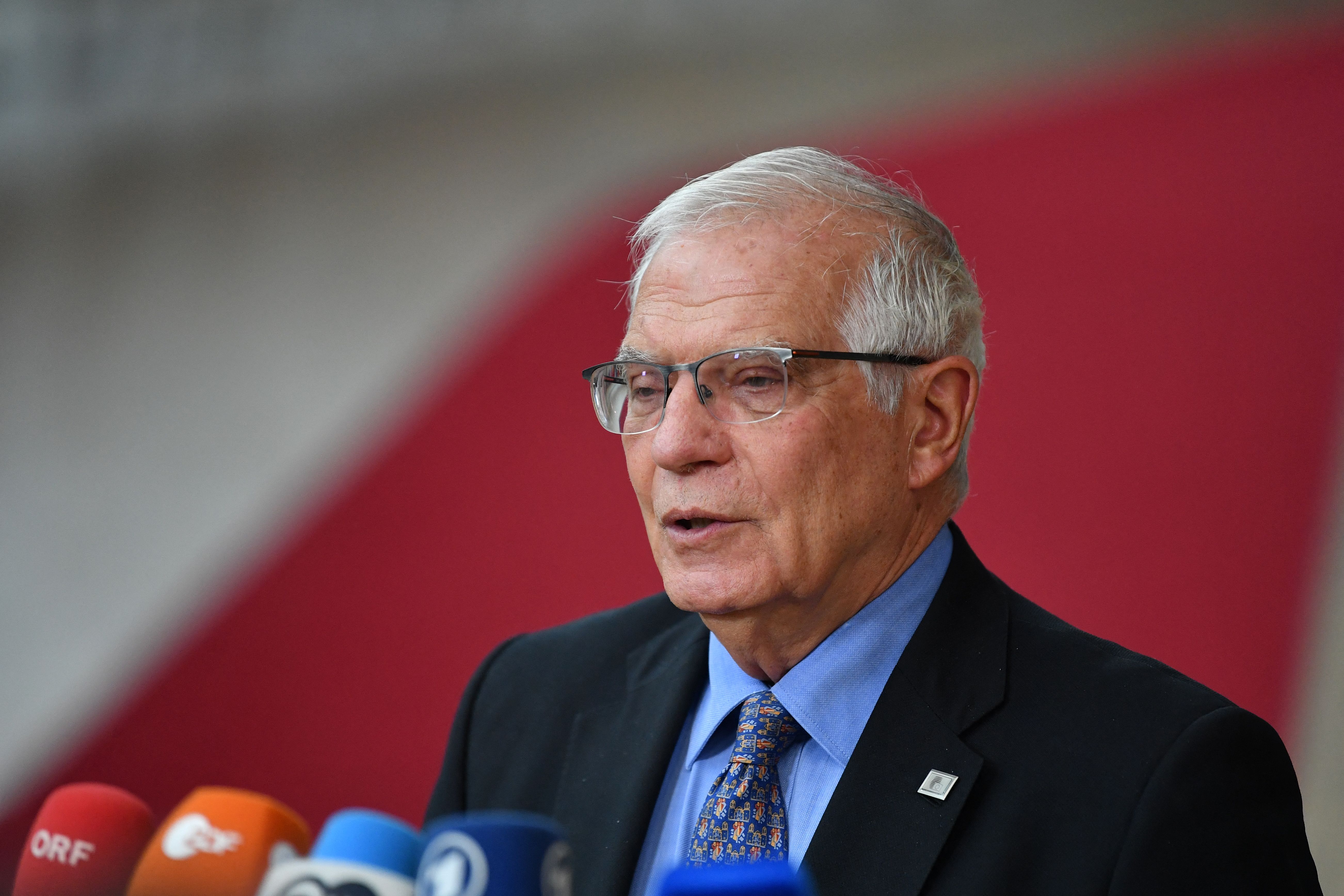 Josep Borrell, the European Union's High Representative, talks to the press before a meeting at the European Council, in Brussels, on May 30.