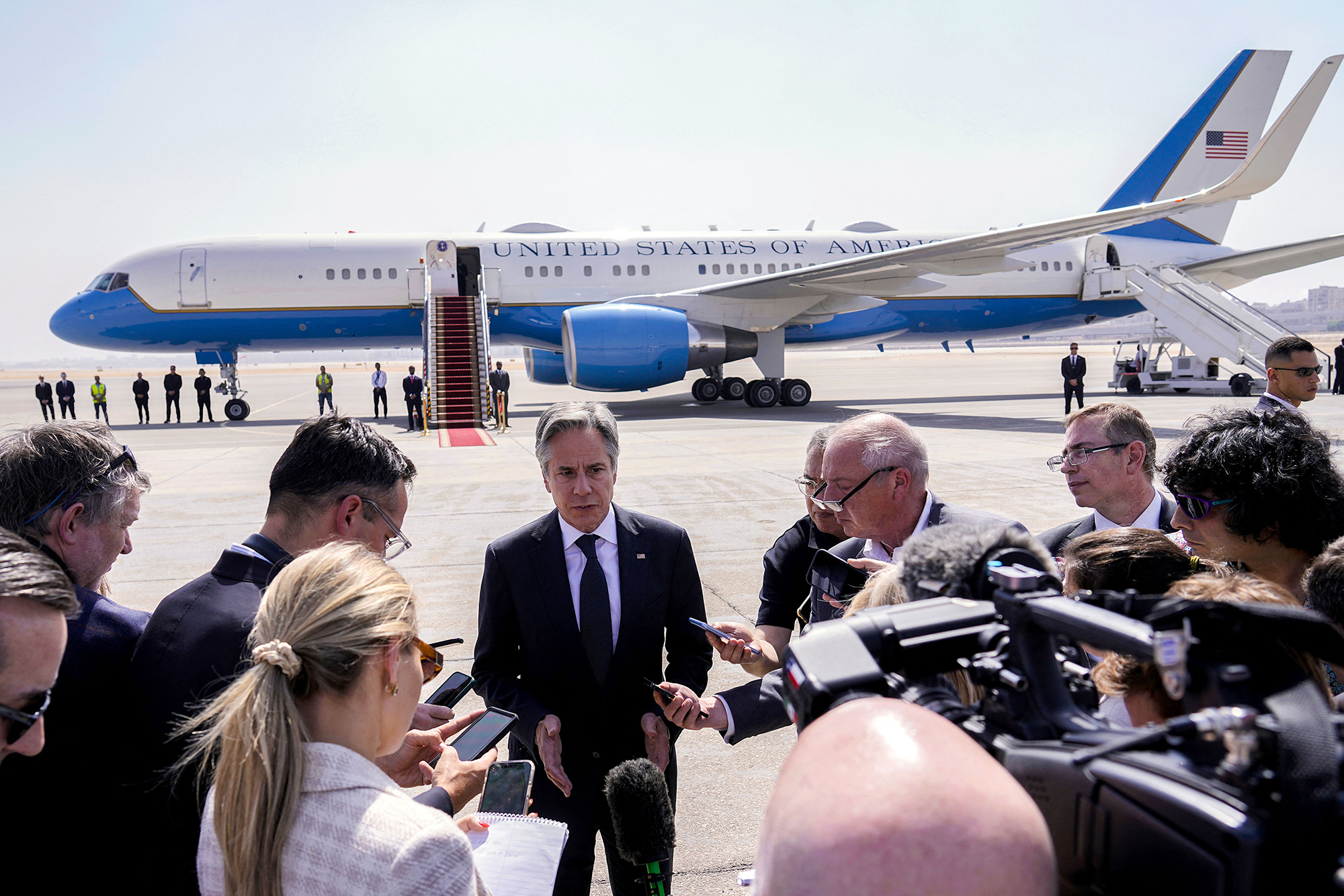 US Secretary of State Antony Blinken, center, speaks to reporters after his meeting with the Egyptian president, at Cairo airport, Egypt, on June 10.