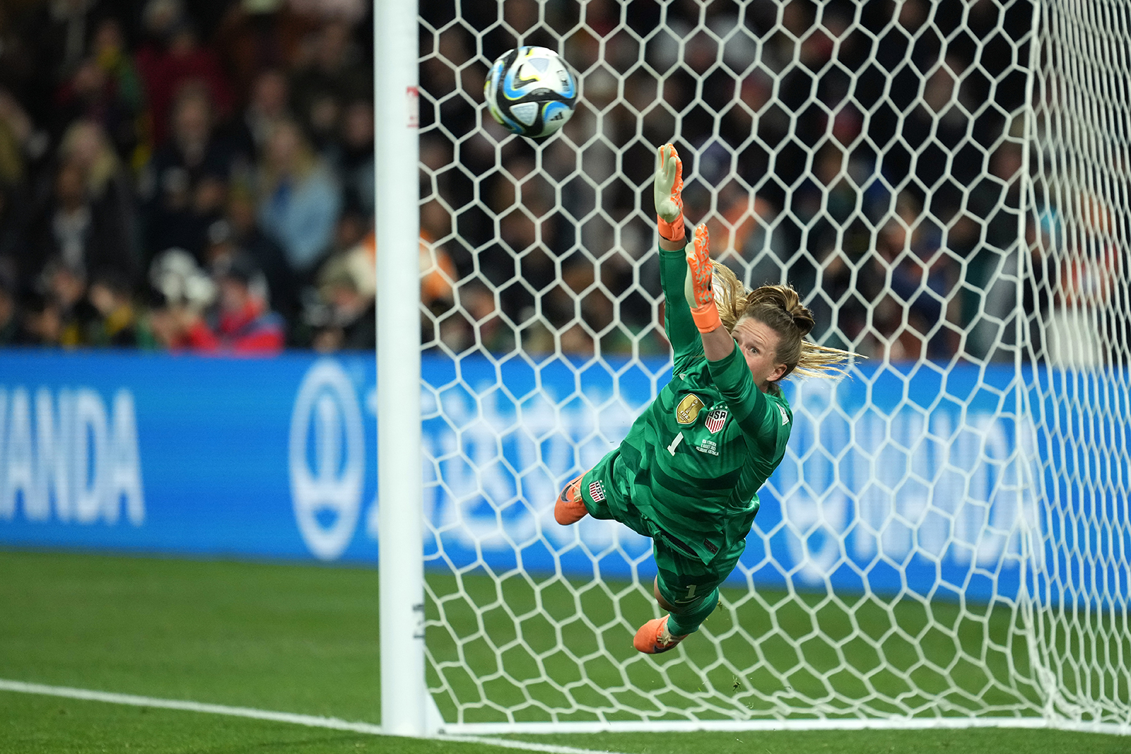 US goalkeeper Alyssa Naeher dives for a shot during the penalty shootout against Sweden in Melbourne, Australia on August 6.