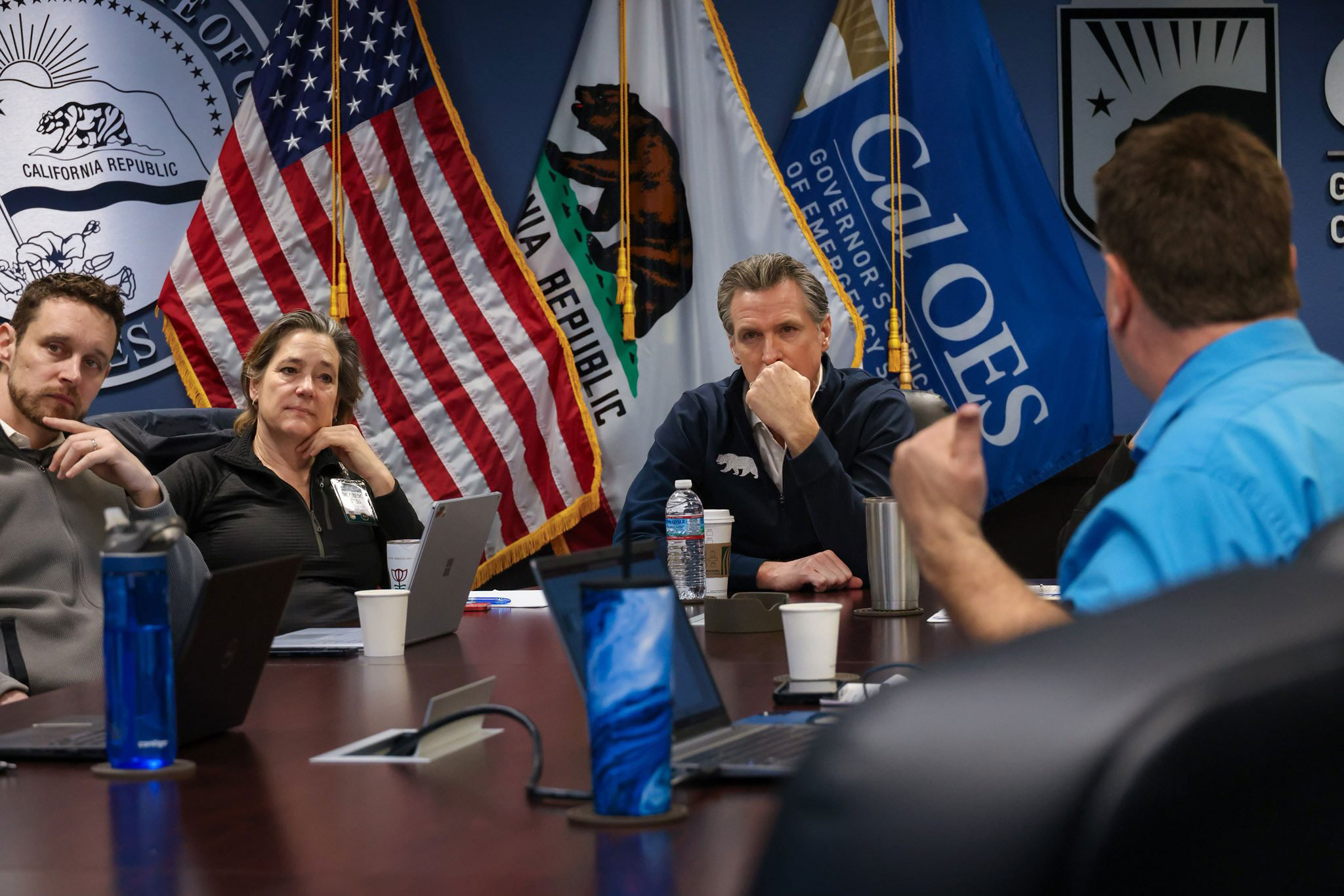 California Gov. Gavin Newsom visits the state's Operations Center in Mather, California, on Sunday. 