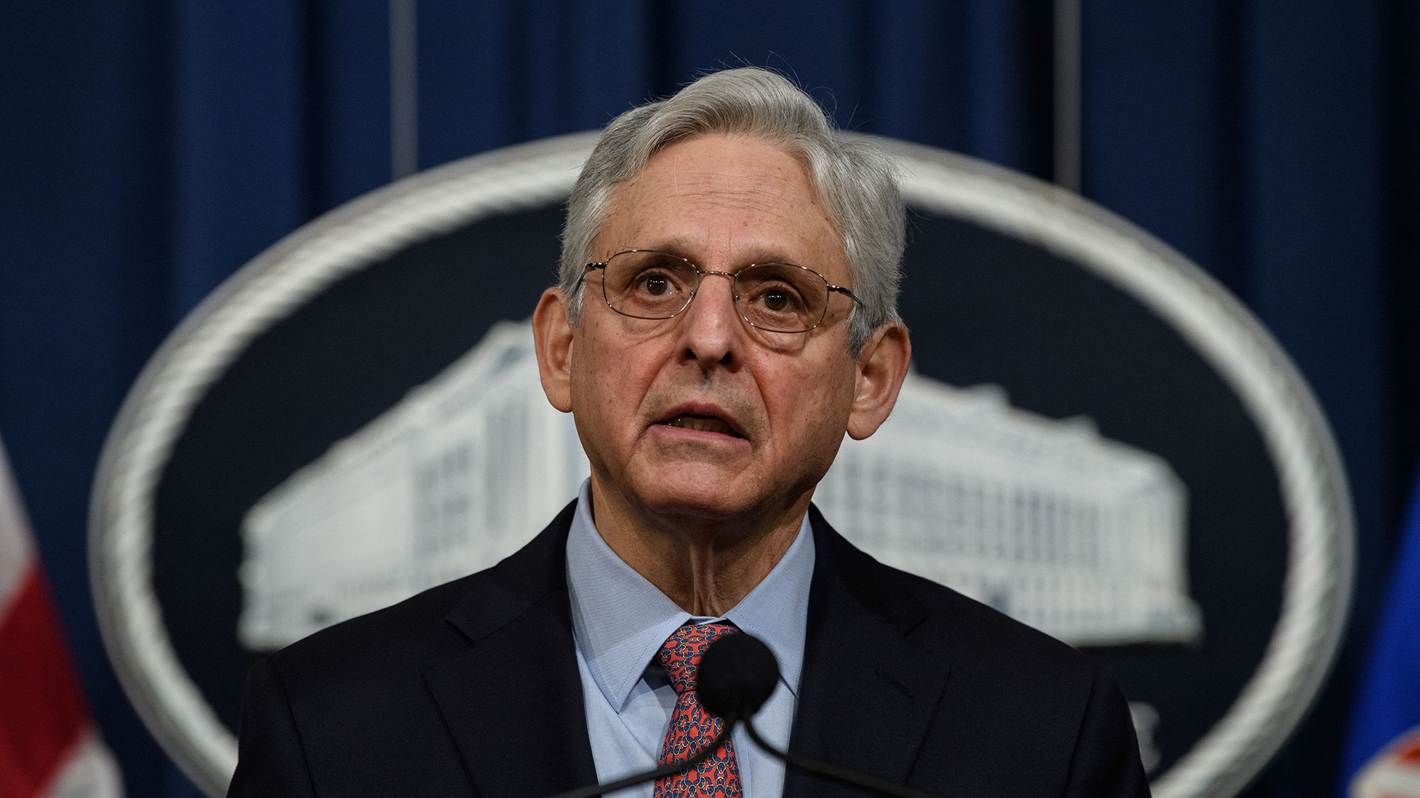 Attorney General Merrick Garland speaks to the press at the Justice Department in Washington, DC, on February 22, 2022.