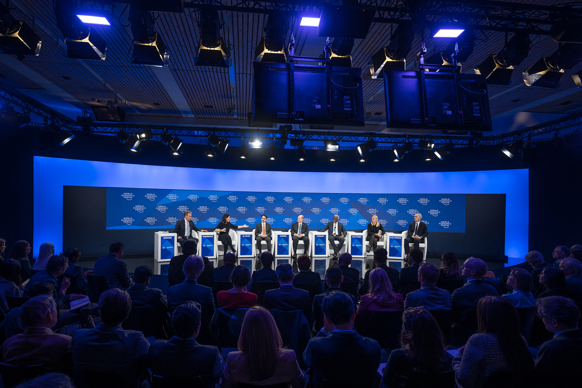Left to right: WEF president Borge Brende, German Foreign Minister Annalena Baerbock, Saudi Arabia Foreign Minister Prince Faisal bin Farhan Al-Saud, Delaware Senator Christopher Coons, Nigerian Foreign Minister Yusuf Tuggar, Finland Foreign Minister Elina Valtonen and NATO Secretary General Jens Stoltenberg attend a session at the World Economic Forum (WEF) annual meeting in Davos, Switzerland, on January 16.