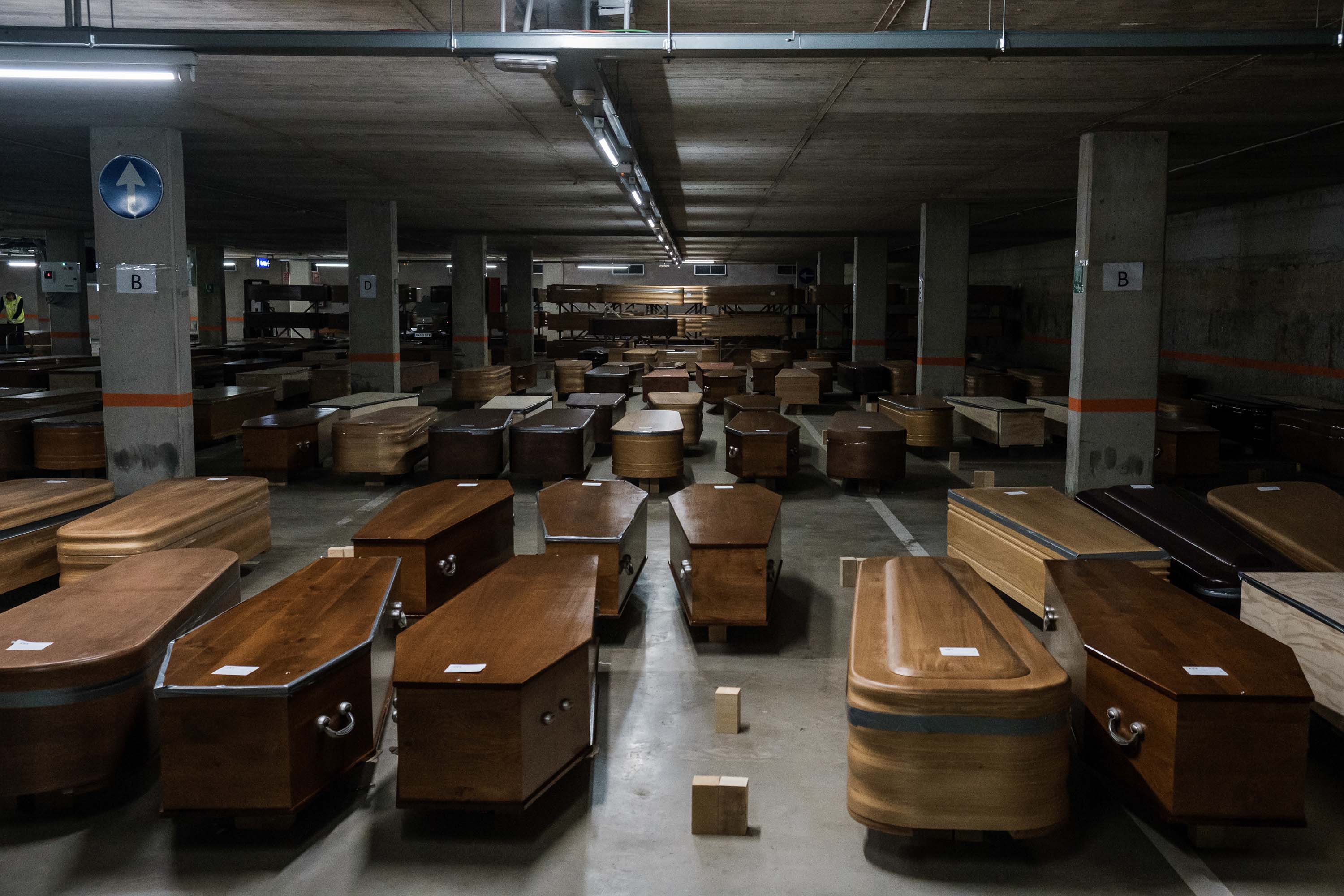 Coffins containing coronavirus victims are pictured in the Collserola mortuary parking lot in Barcelona, Spain, on April 8.