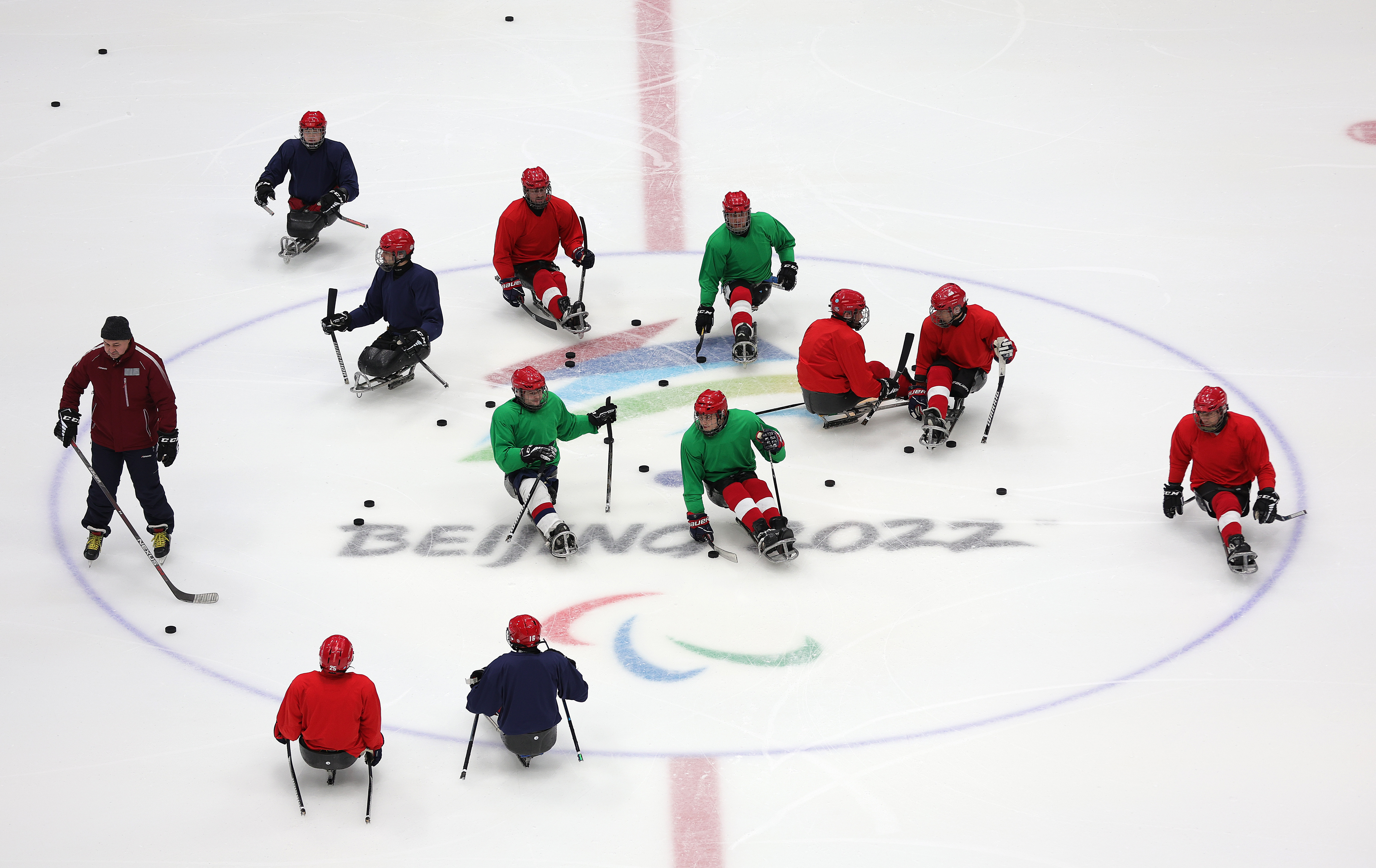 Russian athletes warming up during a Russian Paralympic Committee Para Ice Hockey training session at National Indoor Stadium on March 3, in Beijing, China. They have now been banned from participating in the games.