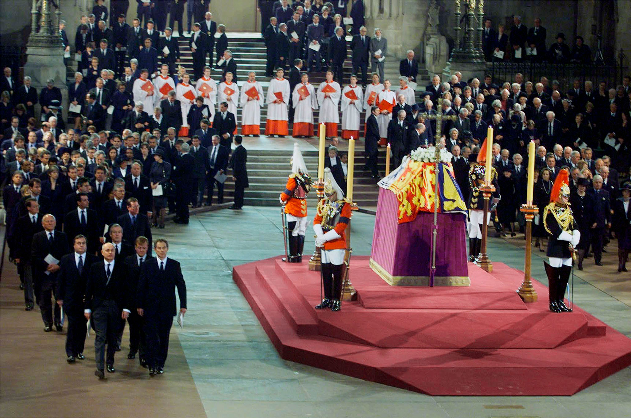 Prime Minister Tony Blair passes the coffin of Queen Elizabeth, the Queen Mother in Westminster Hall in April 2002.