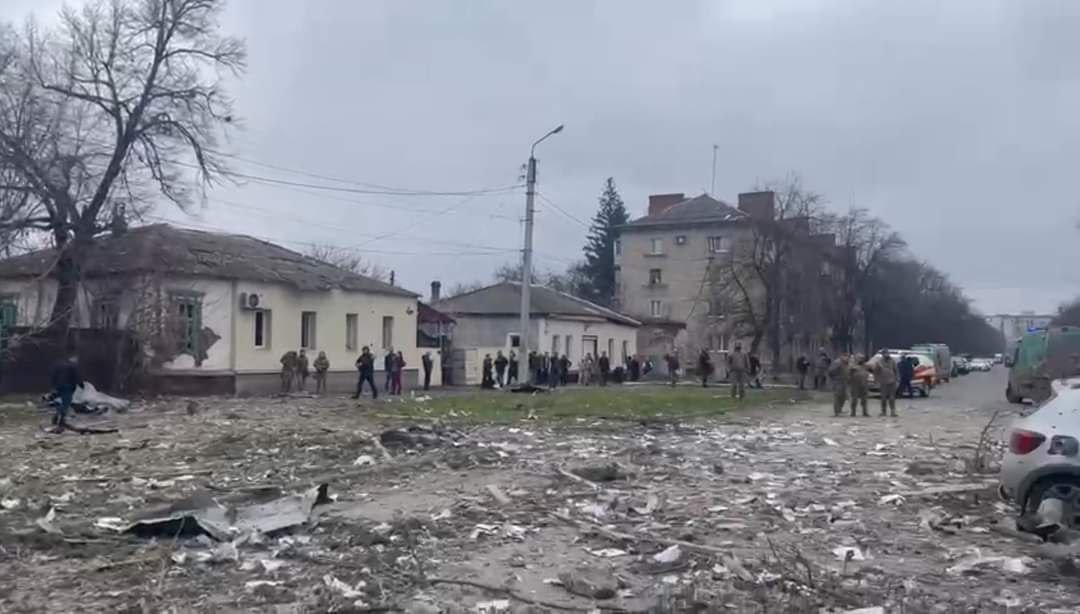 Aftermath of strike in Sloviansk, Ukraine, on March 2
