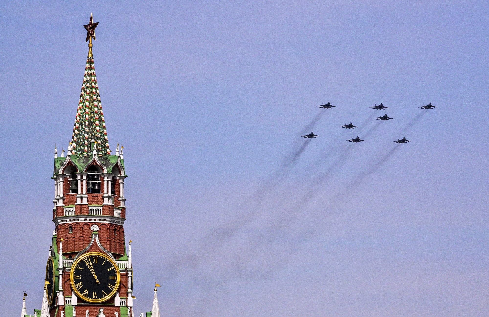 Russian MiG-29SMT jet fighters forming the symbol "Z" fly over Red Square during rehearsal for the Victory Day military parade in central Moscow, Russia, on May 7.