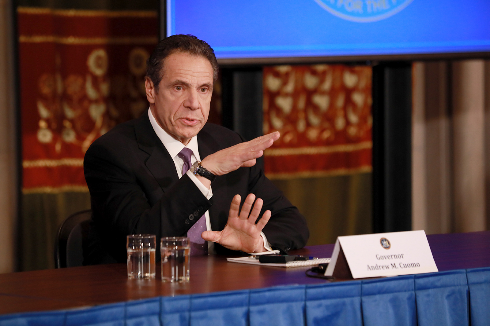 New York Gov. Andrew Cuomo gives his press briefing about the coronavirus crisis on April 17 in Albany, New York.