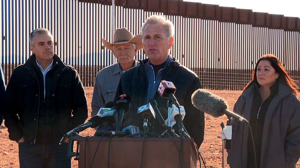 McCarthy speaks at a press conference in Cochise County following a tour of the Southern border with U.S. Customs and Border Protection on Thursday, February 16. 