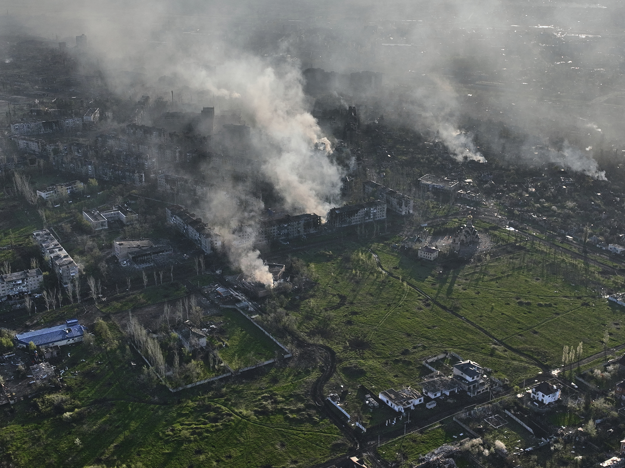 Smoke rises from buildings in this aerial view of Bakhmut, Ukraine, on April 26.