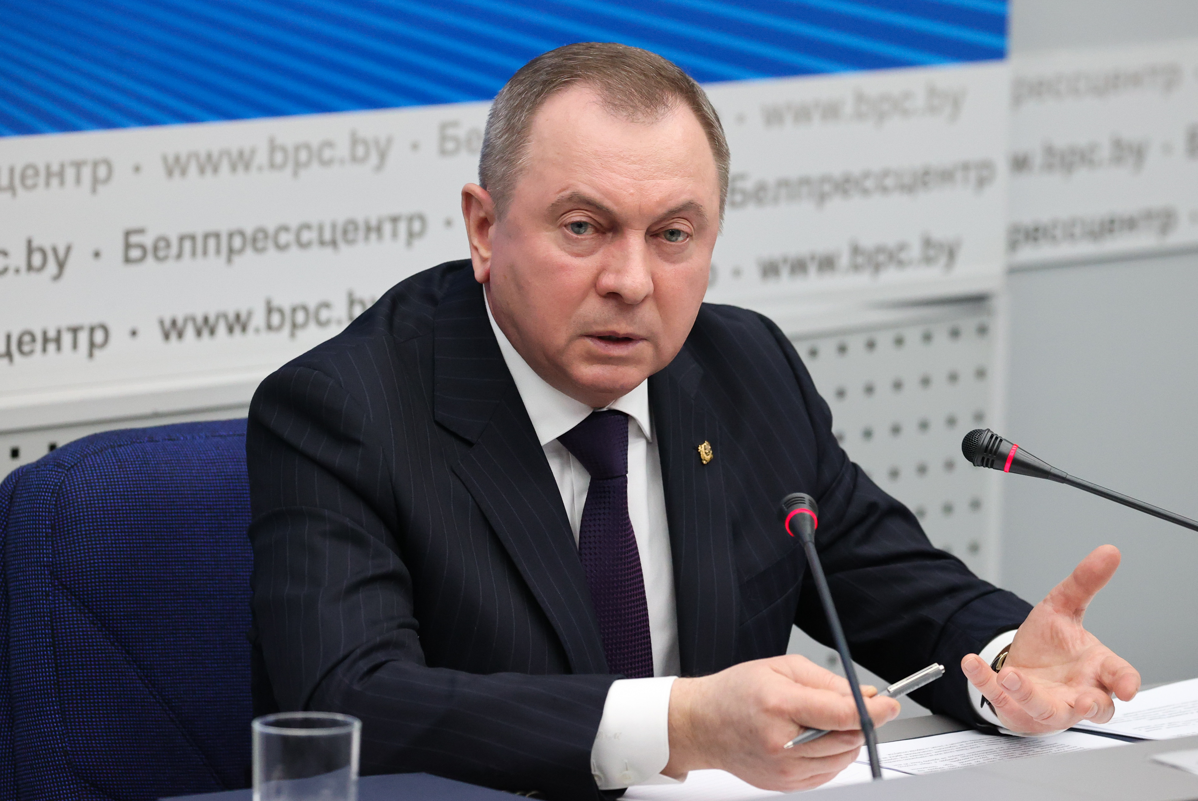 Belarus Foreign Minister Vladimir Makei gives a press conference at the National Press Centre in Minsk, Belarus, on February 16.