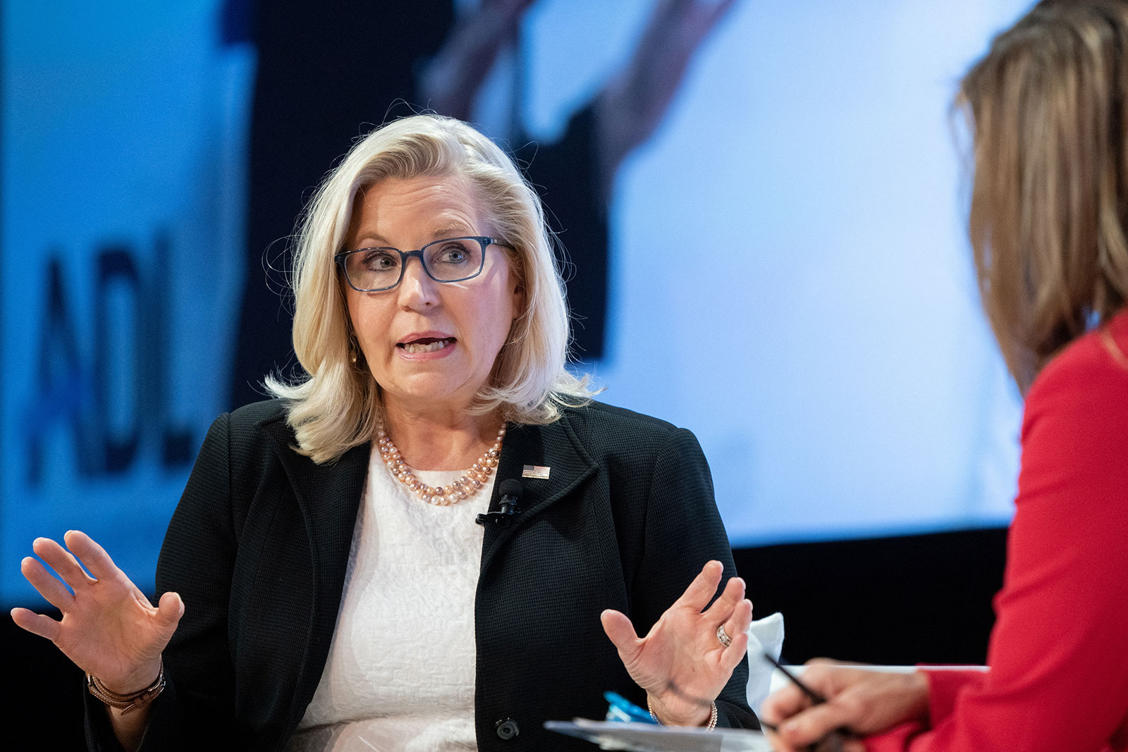 Liz Cheney speaks during the Anti-Defamation League's Never is Now summit in New York on Thursday. 