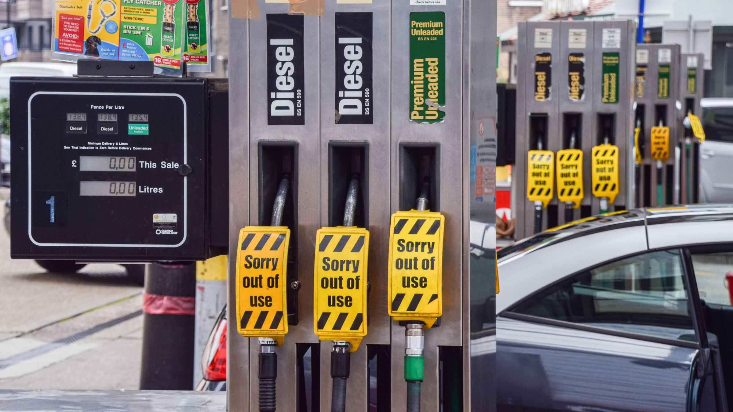 Pumps are empty at a London gas station on Sunday.