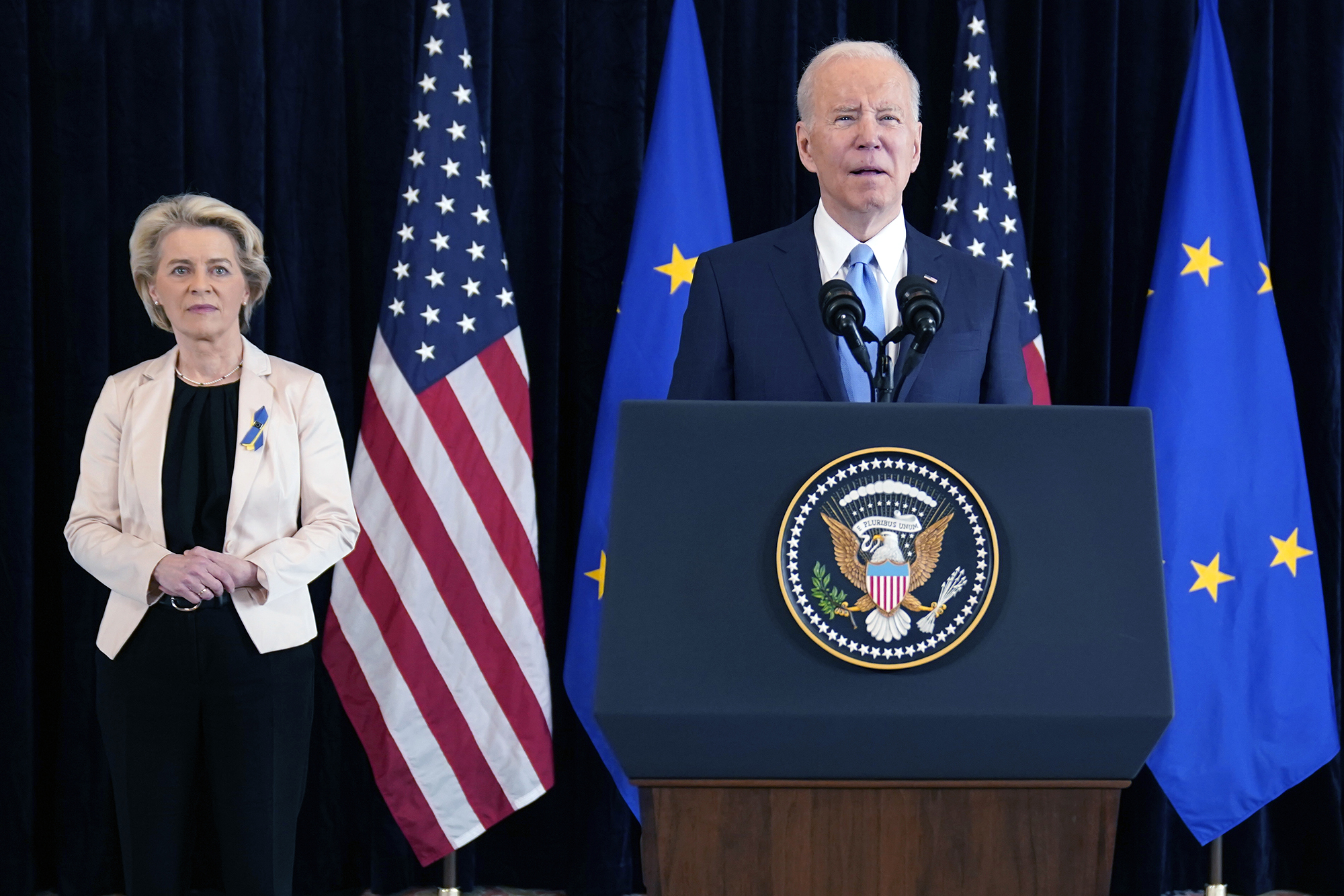 President Joe Biden and European Commission President Ursula von der Leyen talk to the press about the Russian invasion of Ukraine, at the U.S. Mission in Brussels, Belgium, on March 25.