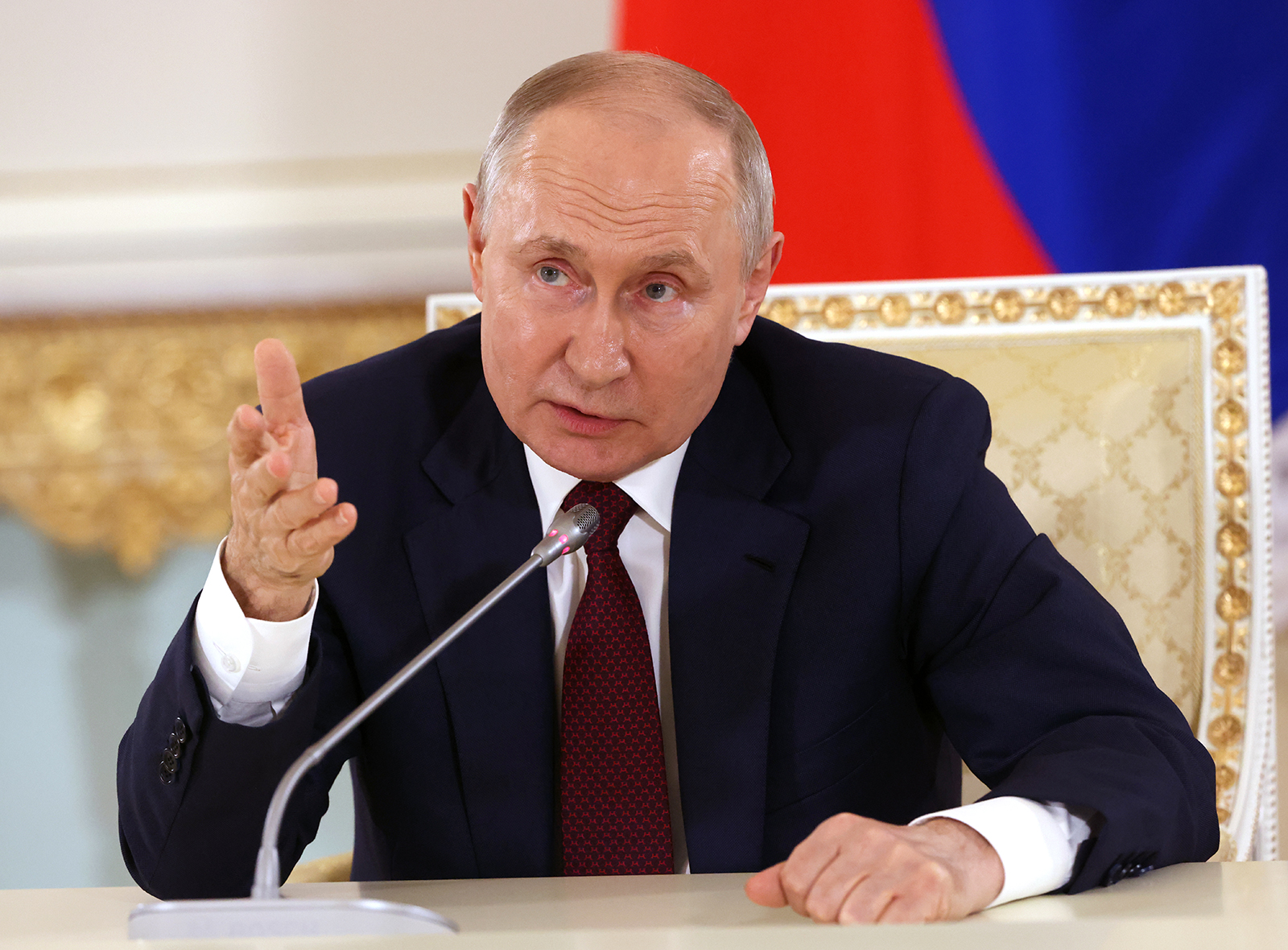 Russian President Vladimir Putin speaks during a press conference on July 29, in Saint Petersburg, Russia. 
