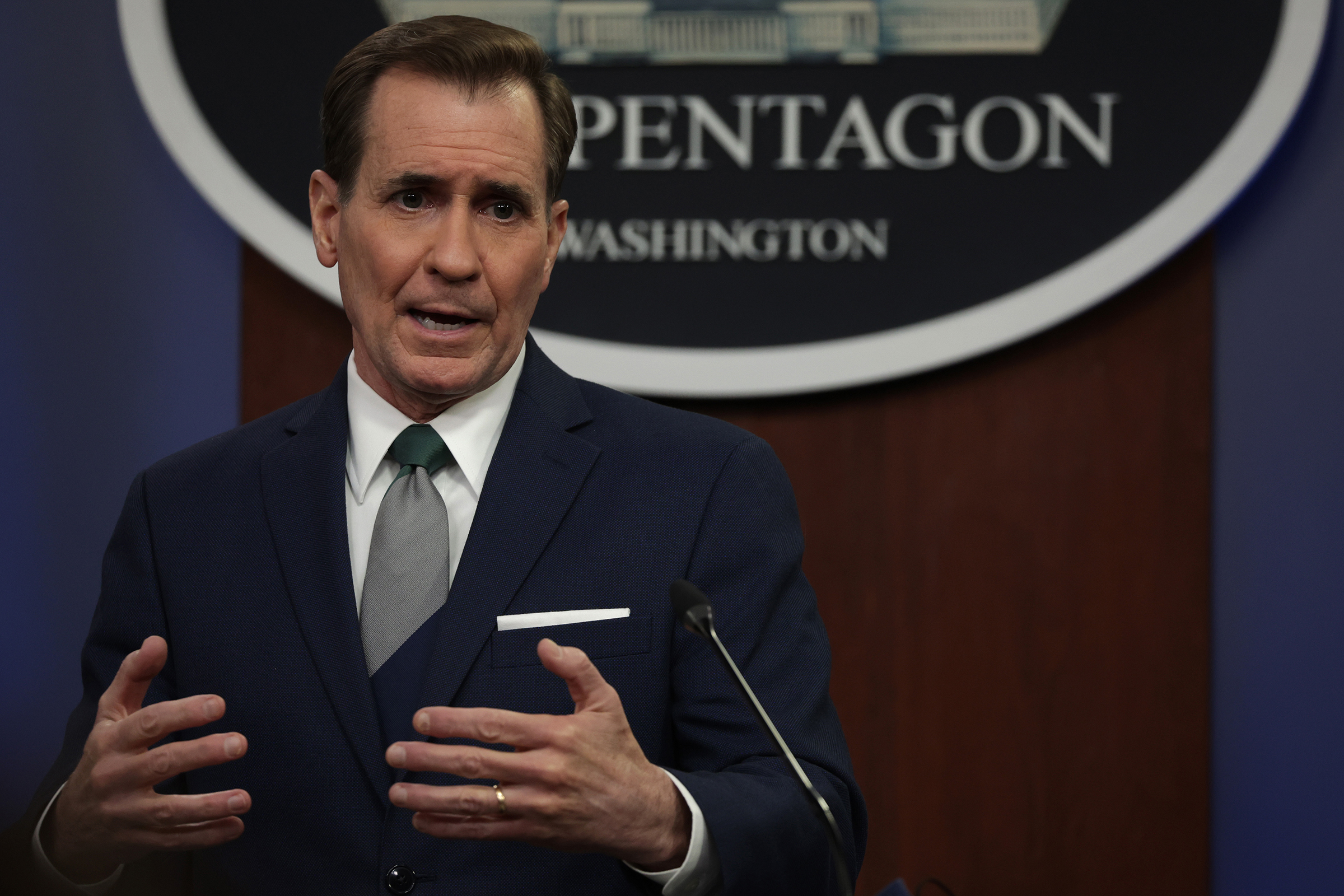 Pentagon Press Secretary John Kirby conducts a news briefing at the Pentagon on Friday, February 25, 2022 in Arlington, Virginia. 