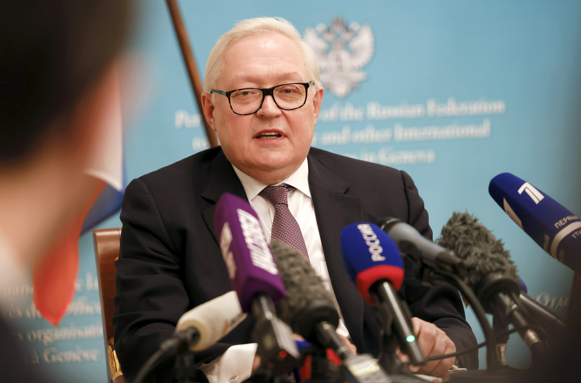 Sergei Ryabkov, Russia's deputy foreign minister, speak during a news conference in Geneva, Switzerland, on January 10.