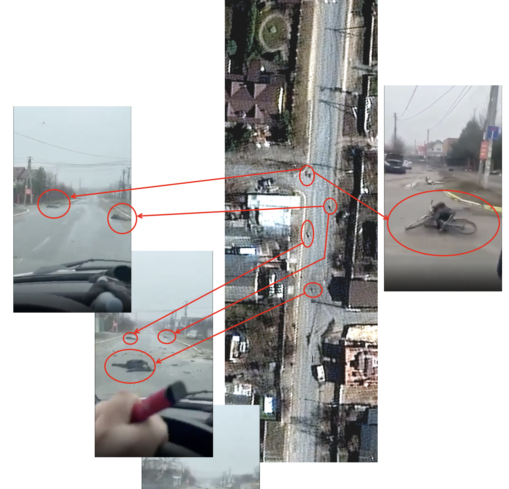Objects seen in the street on the satellite images match the exact locations that bodies are seen in the street in the video.