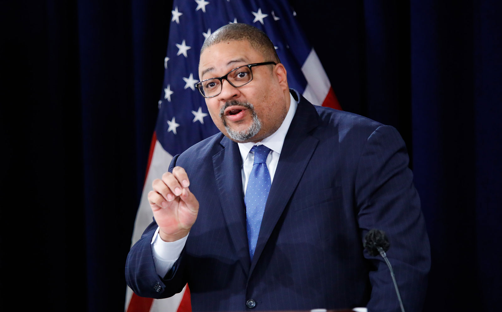 Manhattan District Attorney Alvin Bragg speaks during a press conference following the arraignment of former US President Donald Trump on April 4. 