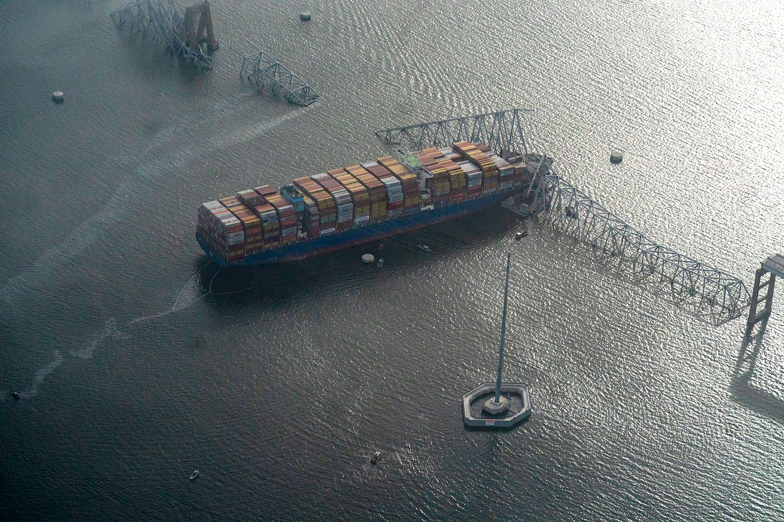 The Dali cargo ship is seen after crashing into the Francis Scott Key Bridge in Baltimore on March 26.