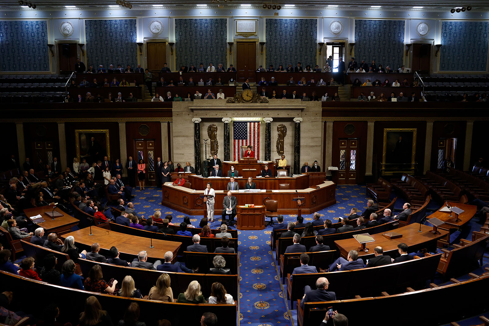 House Speaker Nancy Pelosi delivers remarks from the House Chambers on November 17.