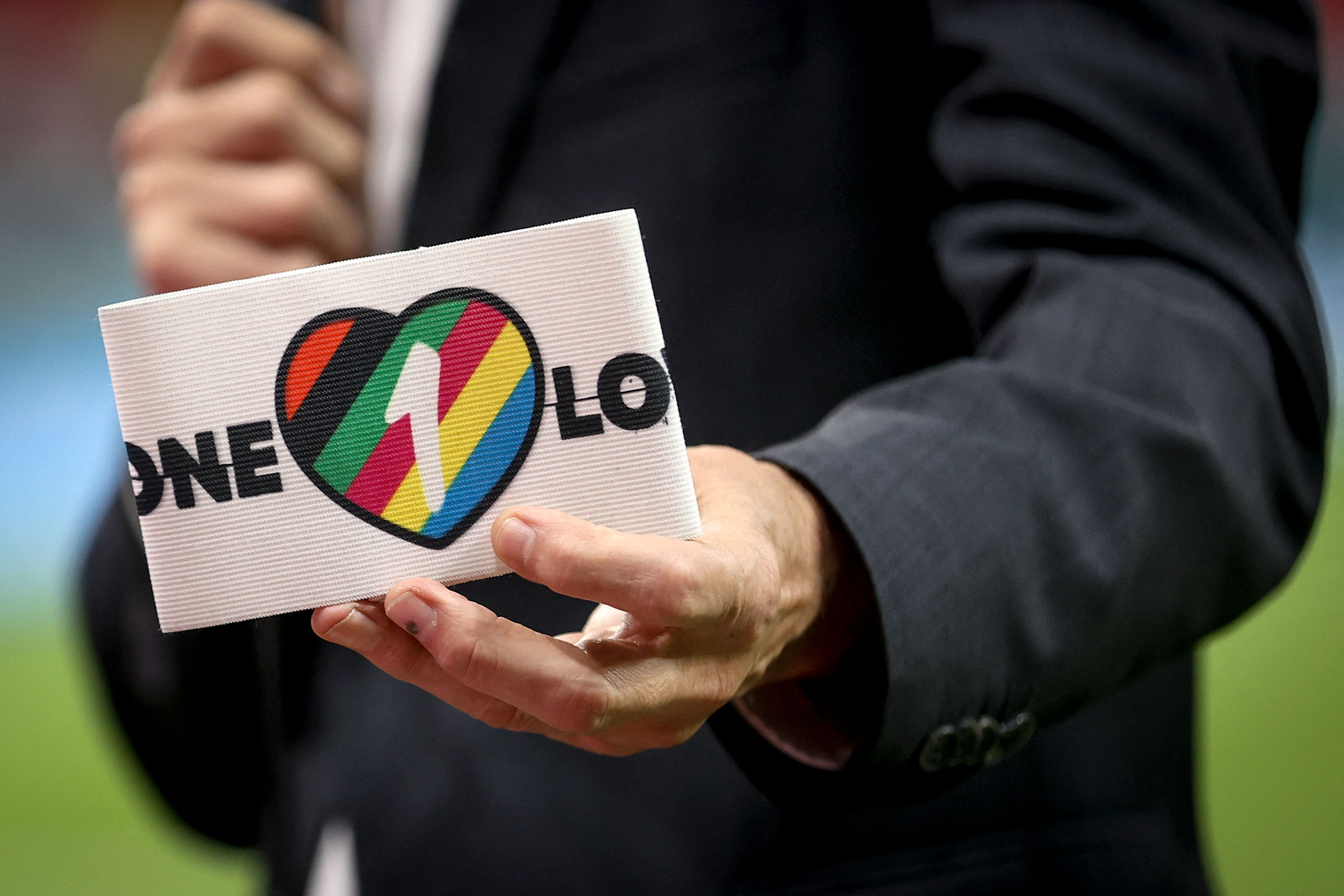 A “OneLove” armband is seen ahead of a World Cup match in 2022. 