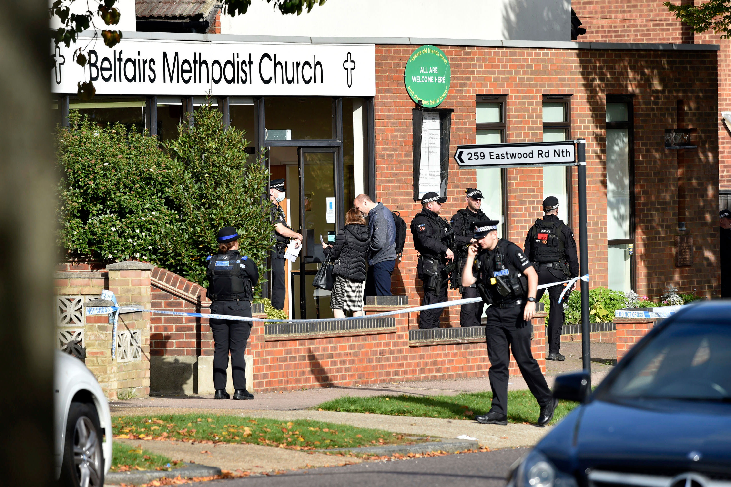 Emergency services are at Belfairs Methodist Church in Leigh-on-Sea, Essex, England, on October 15.