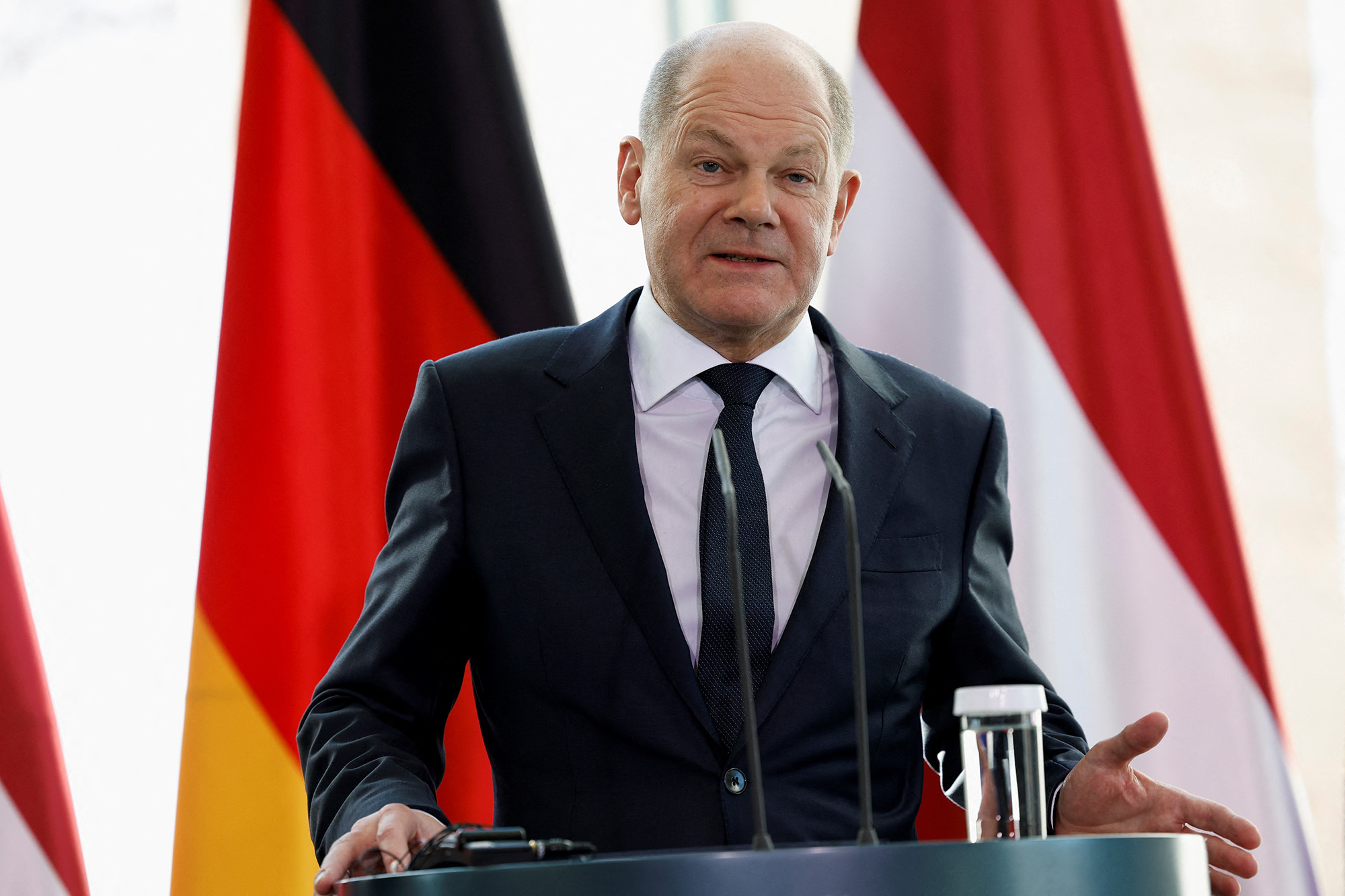 German Chancellor Olaf Scholz speaks during a news conference in Berlin, Germany, on March 1.