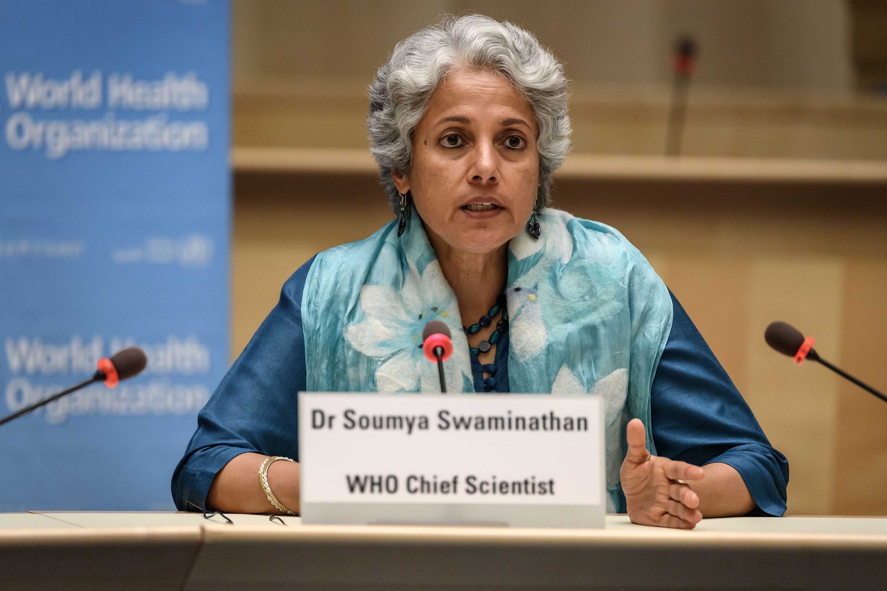 World Health Organization (WHO) Chief Scientist Soumya Swaminathan is pictured at a press conference on July 3, at the WHO headquarters in Geneva. 
