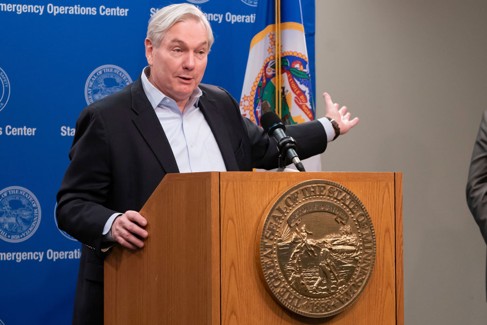 Dr. Michael Osterholm, director of the Center for Infectious Disease Research and Policy at the University of Minnesota, speaks at a news conference on Wednesday, April 22 at the University of Minnesota in Minneapolis. 