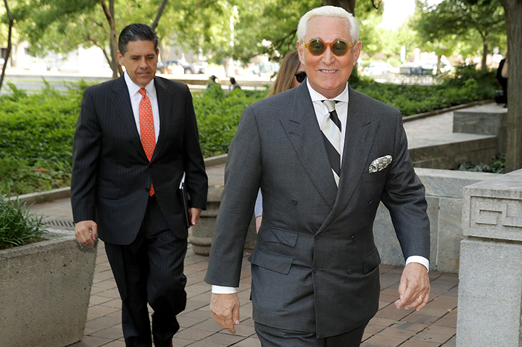 Attorney Grant Smith, left and Roger Stone arrive at the E. Barrett Prettyman United States Court House May 30, 2019 in Washington, DC.