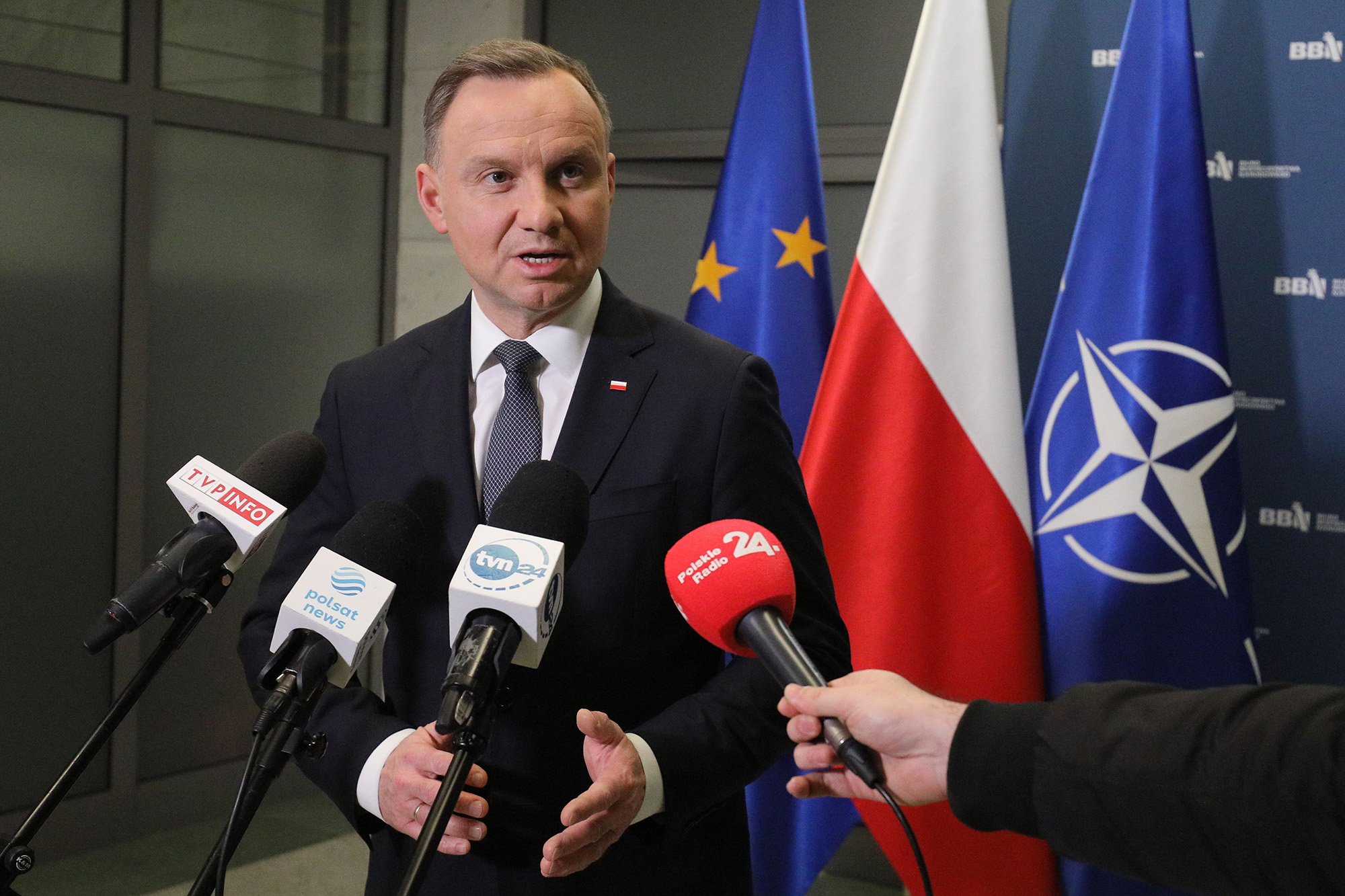 Polish President Andrzej Duda speaks during a news conference at the National Security Bureau headquarters in Warsaw, Poland, on November. 16