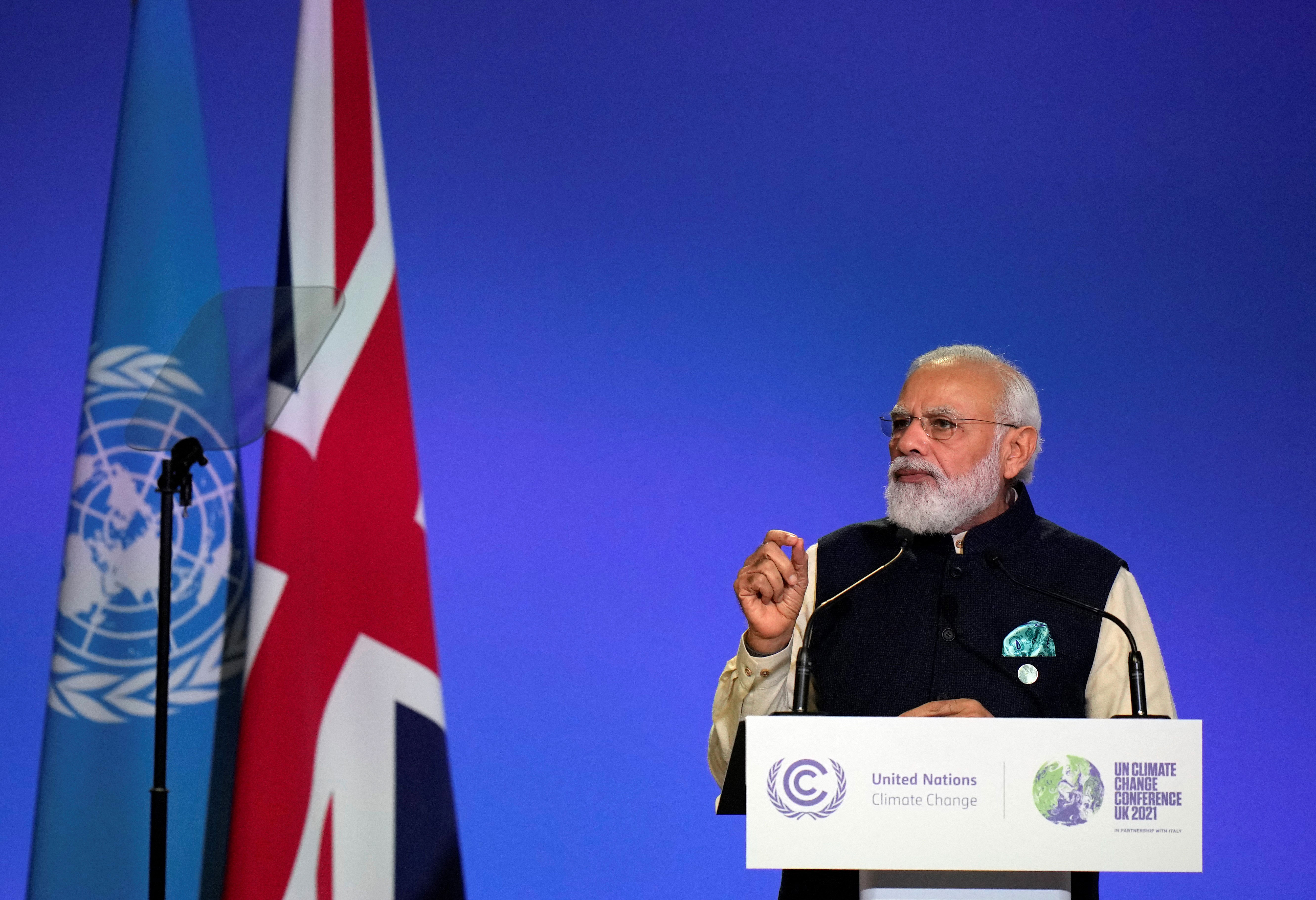 India's Prime Minister Narendra Modi speaks at COP26 in Glasgow, Scotland, on November 1.