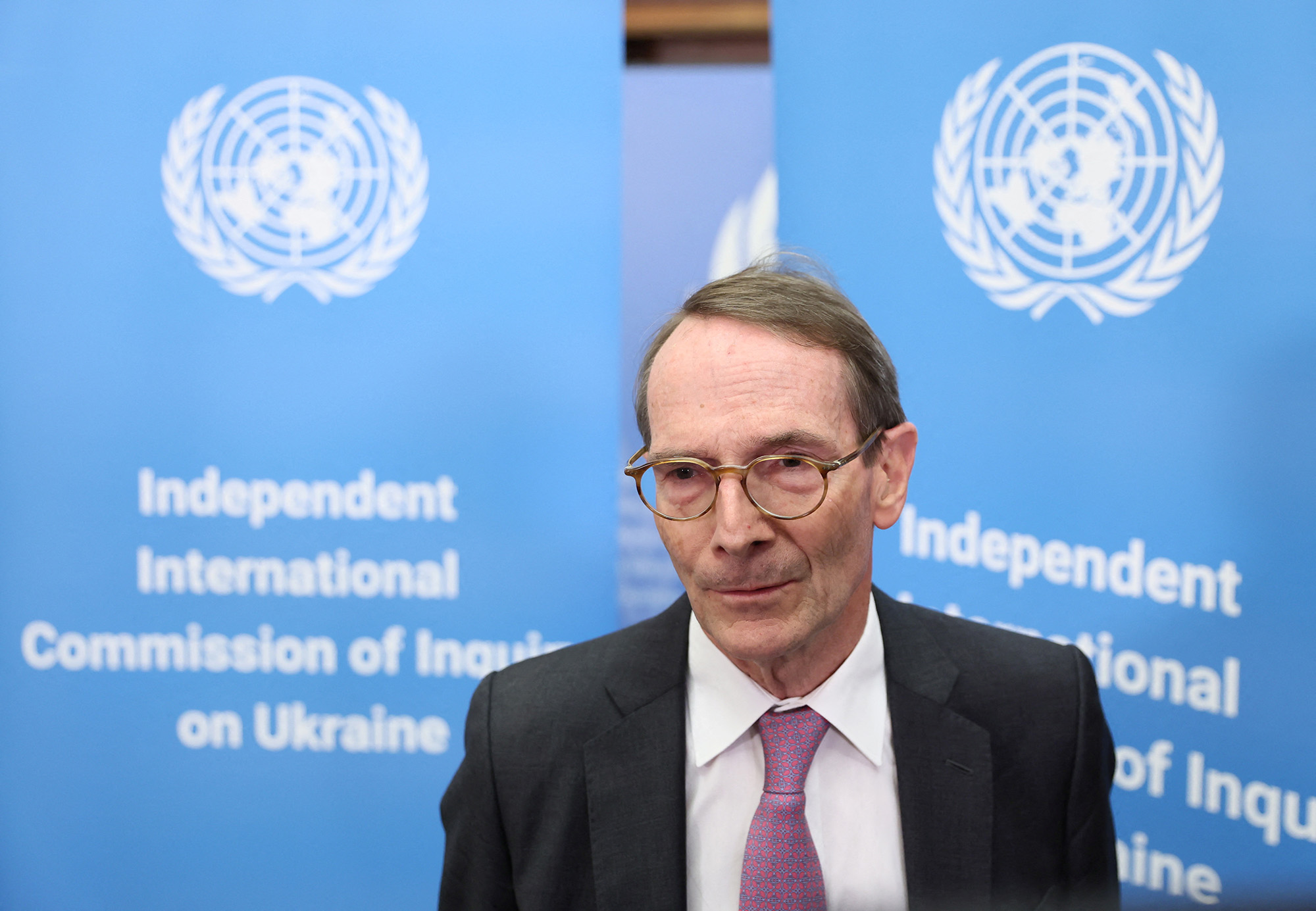 Erik Mose, chairman of the independent international commission of inquiry into Ukraine, takes part in an interview September 23 after a news conference at the United Nations in Geneva, Switzerland.