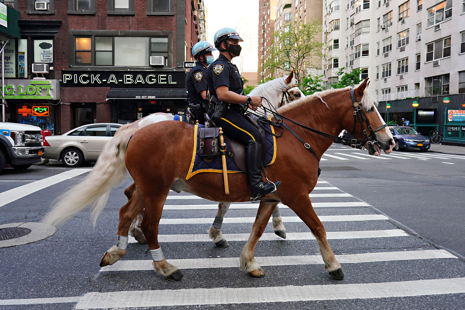 NYPD Mounted Unit officers ride up to Lenox Hill Hospital to show gratitude to the medical staff on May 15.