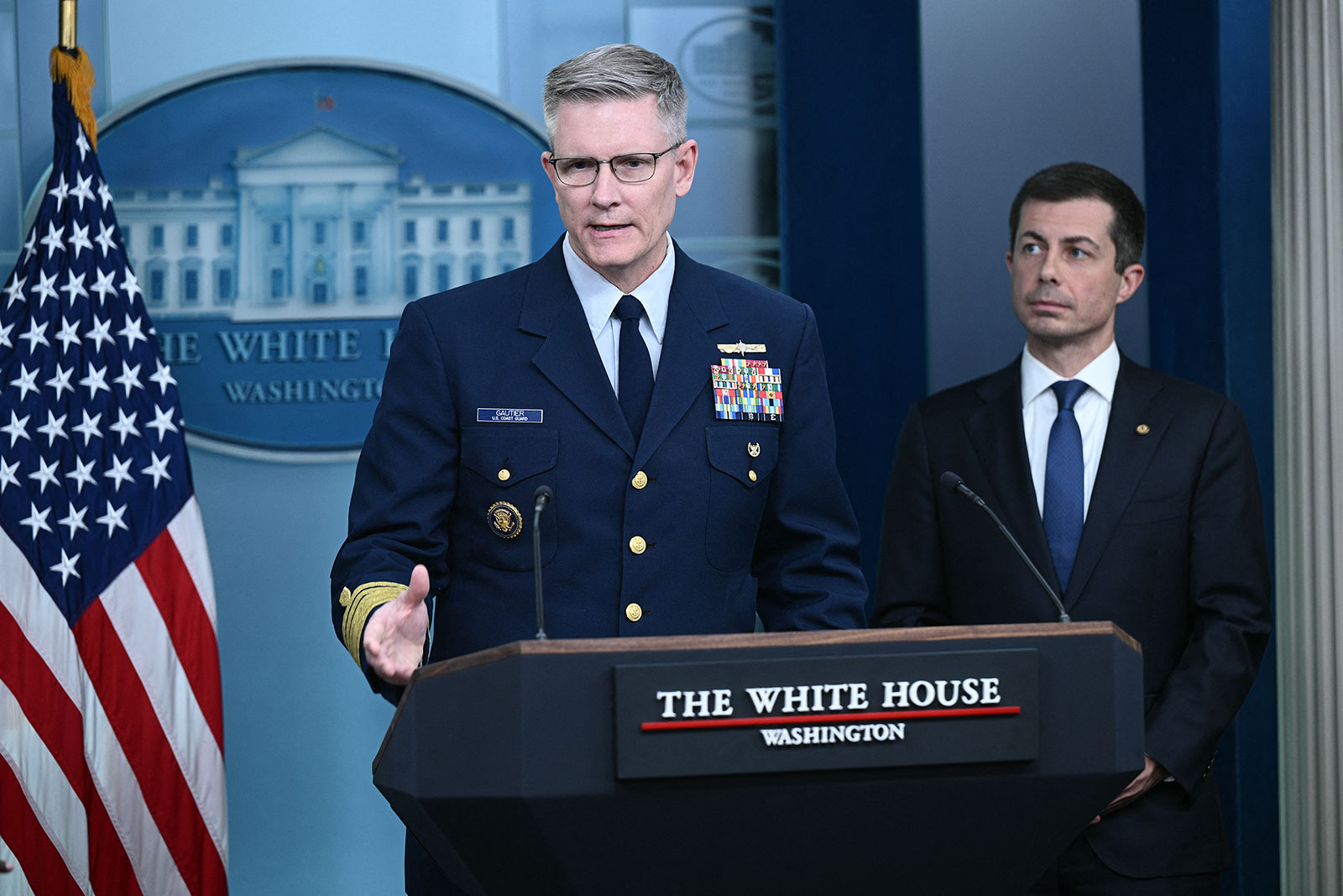 Coast Guard Vice Admiral Peter Gautier speaks during the daily briefing at White House in Washington, DC, on Wednesday.