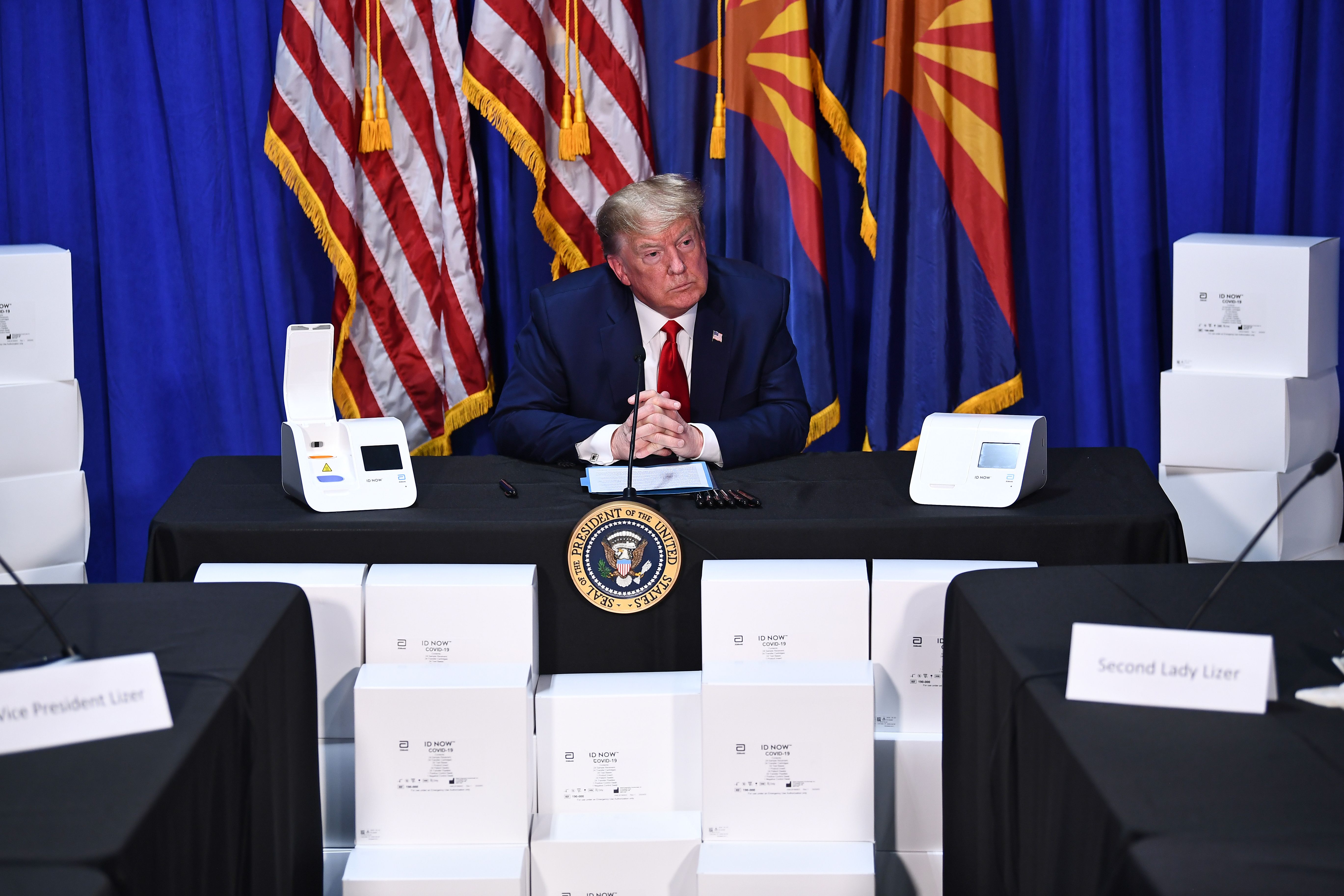 President Donald Trump takes part in a roundtable in Phoenix on May 5 about supporting Native Americans during the coronavirus pandemic. Trump also participated in a tour of a Honeywell plant that manufactures personal protective equipment, such as N95 masks.