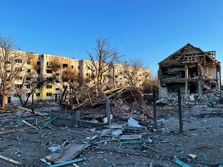 A residential building destroyed by a Russian shelling attack is seen in Makariv, Ukraine, on March 16.  