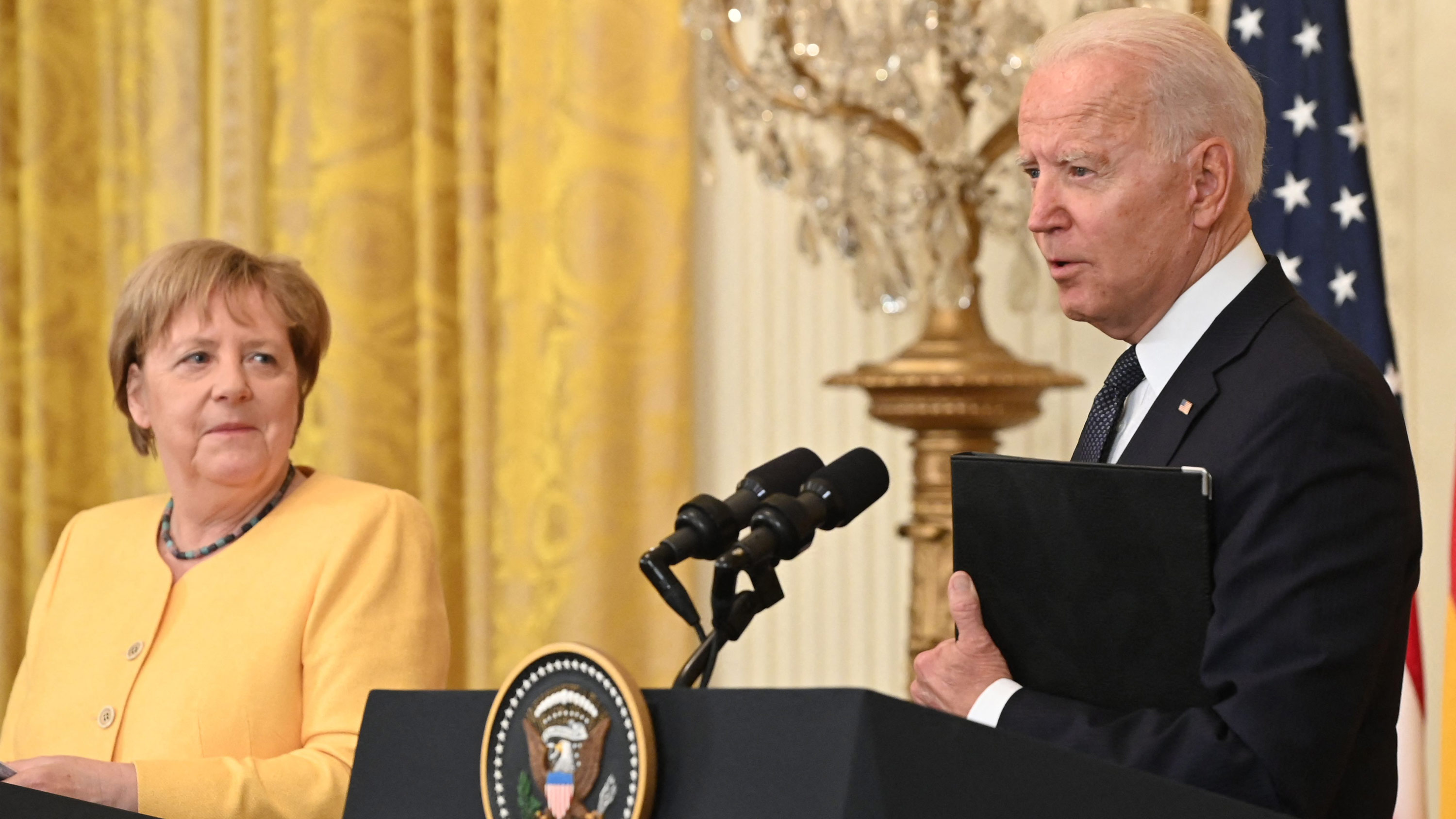 President Joe Biden and German Chancellor Angela Merkel hold a joint press conference in the East Room of the White House in Washington, DC, on July 15.