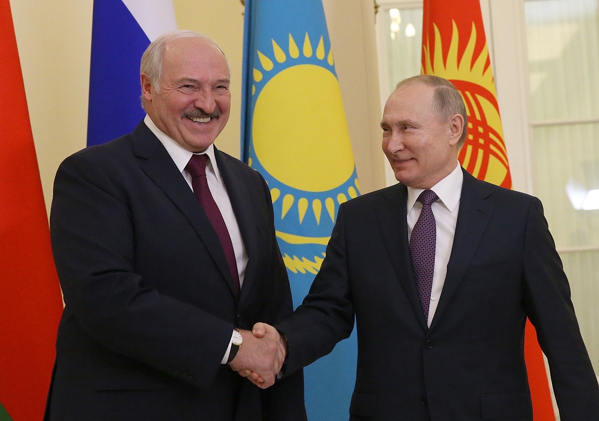 Russian President Vladimir Putin, right, greets Belarussian President Alexander Lukashenko, left, in Saint Petersburg, Russia, on December 20, 2019. 